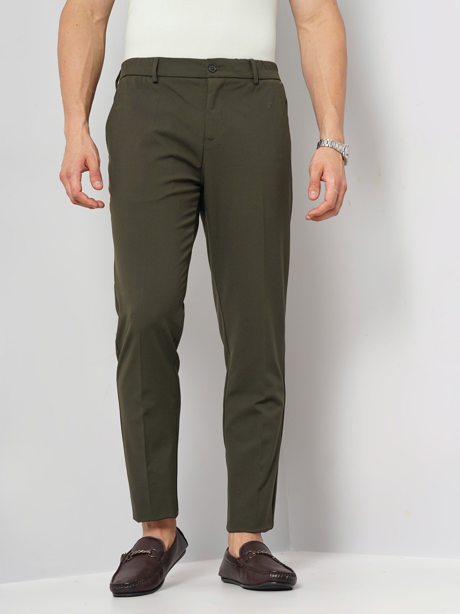 Buy CELIO Solid Trousers Olive (33) Online