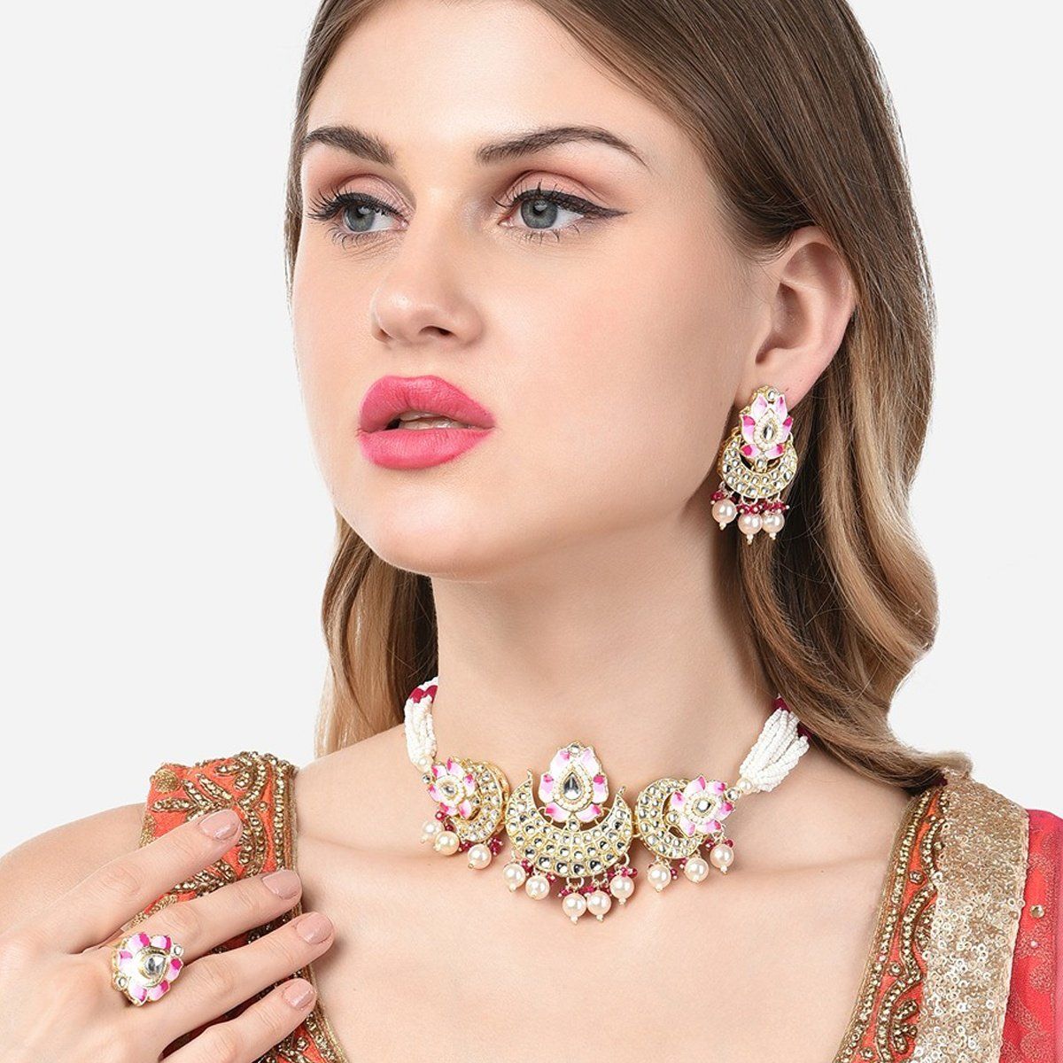 Zaveri Pearls Pink Enamel Lotus Crescent Kundan Choker Necklace Earring