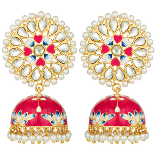 Buy Peora Meenakari Handwork Floral Design Kundan Pearls Jhumka Jhumki  Earrings (Rani Pink) (PF66E04) Online