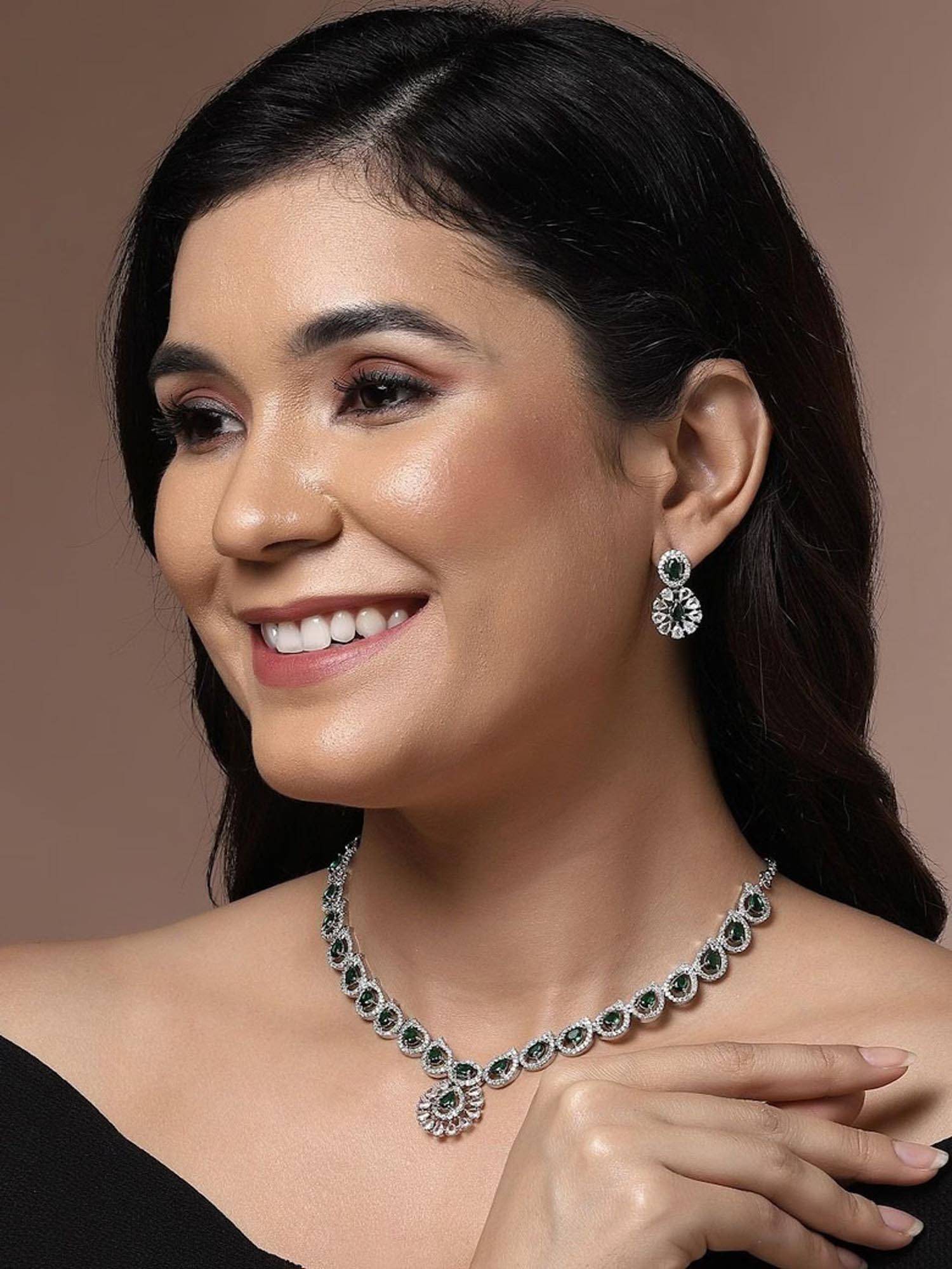 Jewelz Silver-Tone Green Stone Necklace Set With Matching Earrings