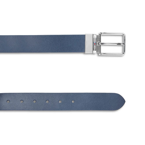 Reversible belt in navy blue suede and white tumbled leather