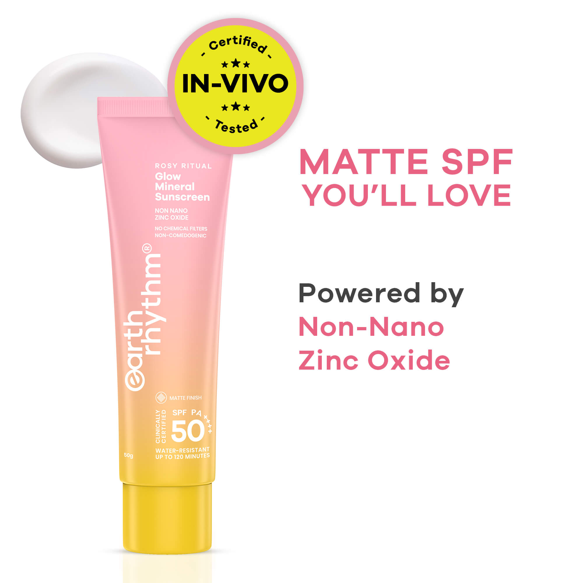 Earth Rhythm Rosy Ritual Glow Mineral Matte Sunscreen SPF 50 PA ++++ No White Cast, In Vivo Tested
