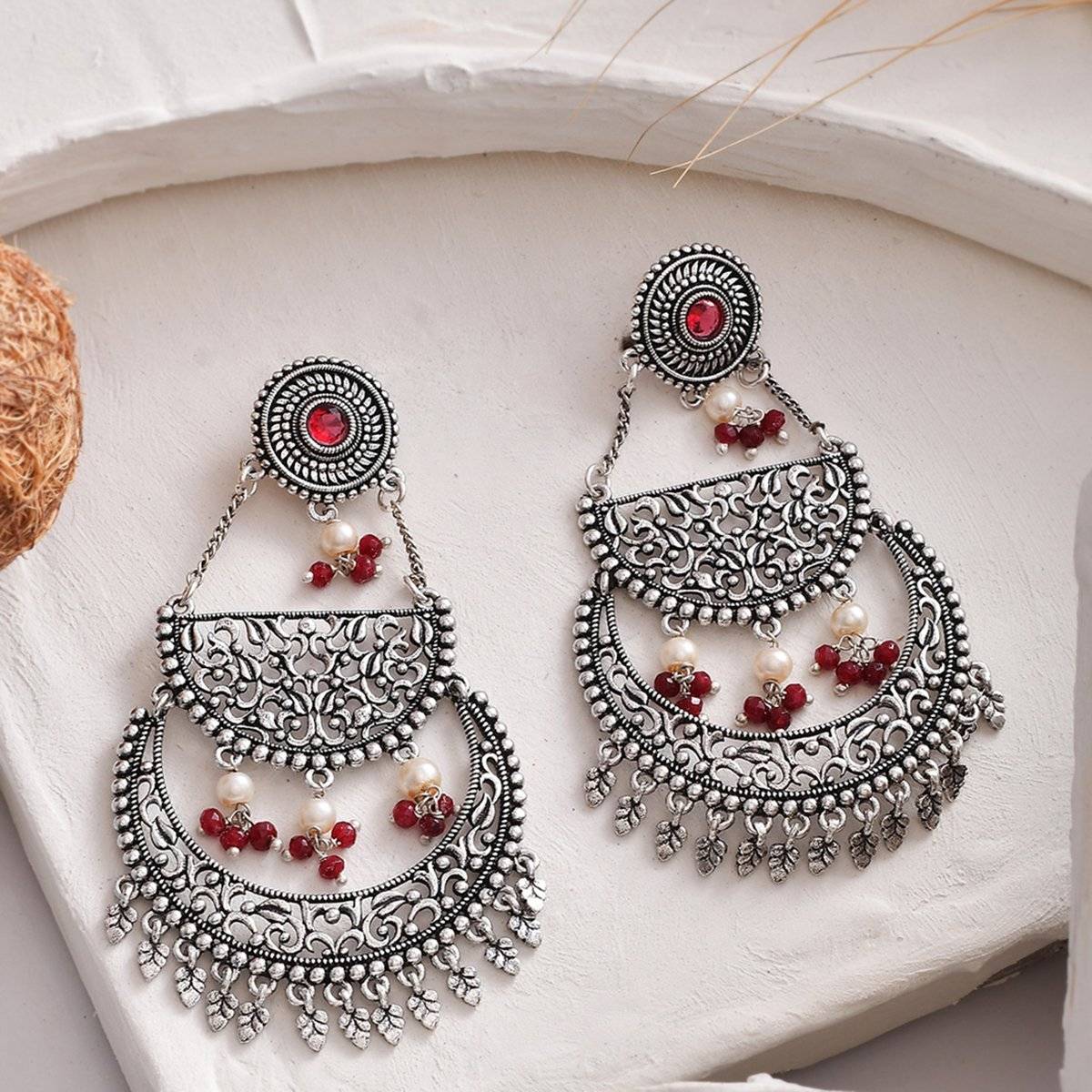 Voylla Abharan Pink Stones and Pearls Layered Drop Earrings