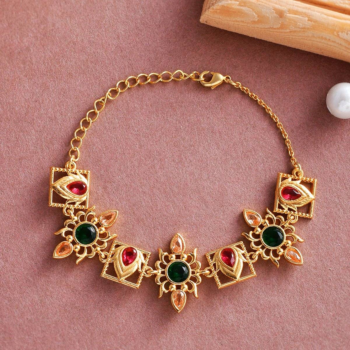 Voylla Abharan Red and Green Stones Casual Bracelet