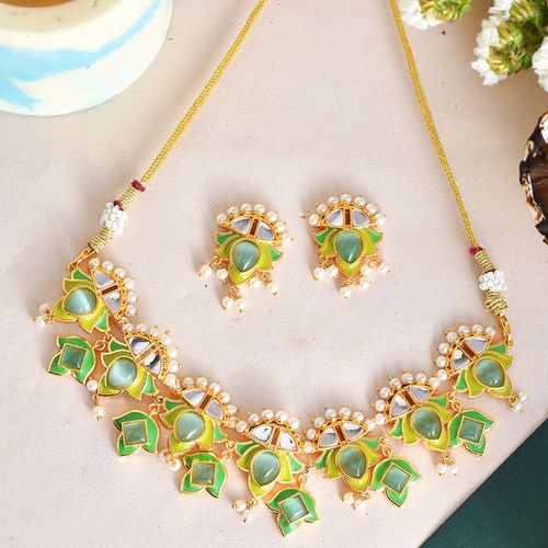 Voylla Forever More Green Stones and Pearls Enamelled Jewellery Set