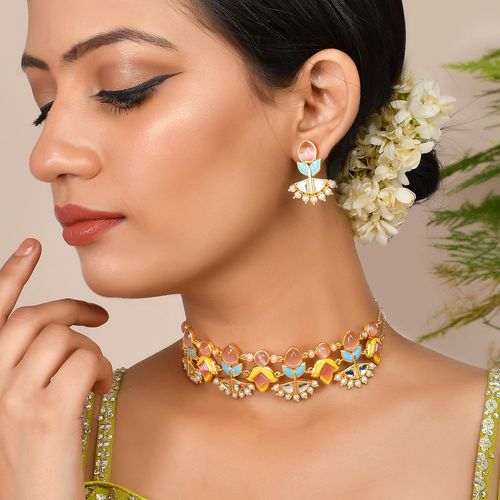 Voylla Forever More Yellow Blue Choker Necklace Set