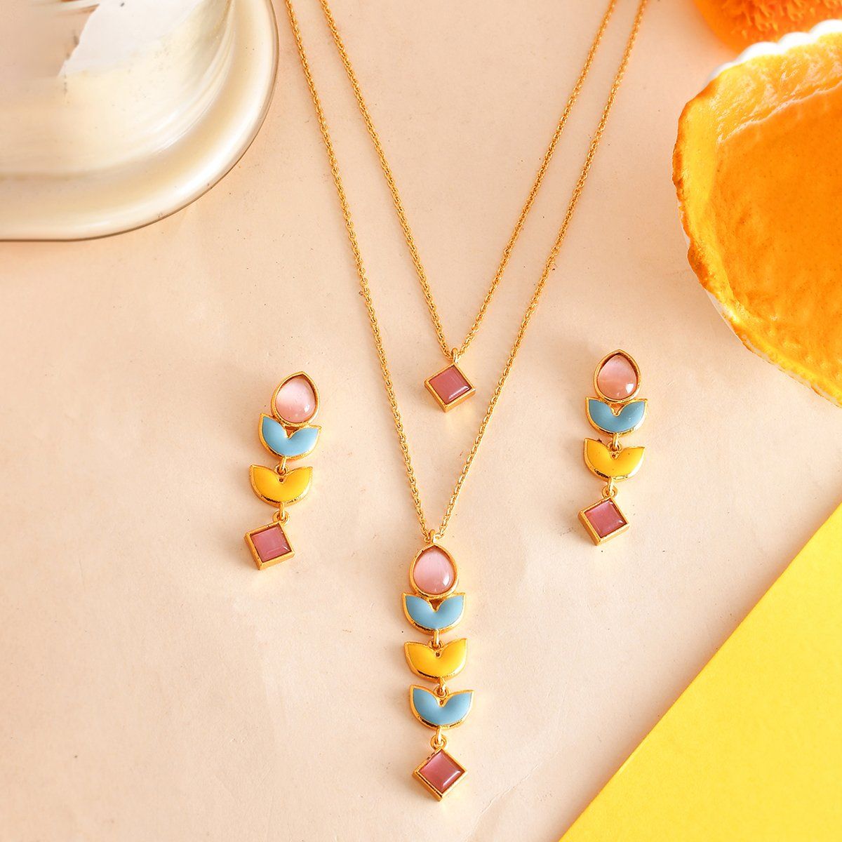Kriaa Zinc Alloy Gold Plated Orange & Blue Austrian Stone Necklace - Gift  My Emotions
