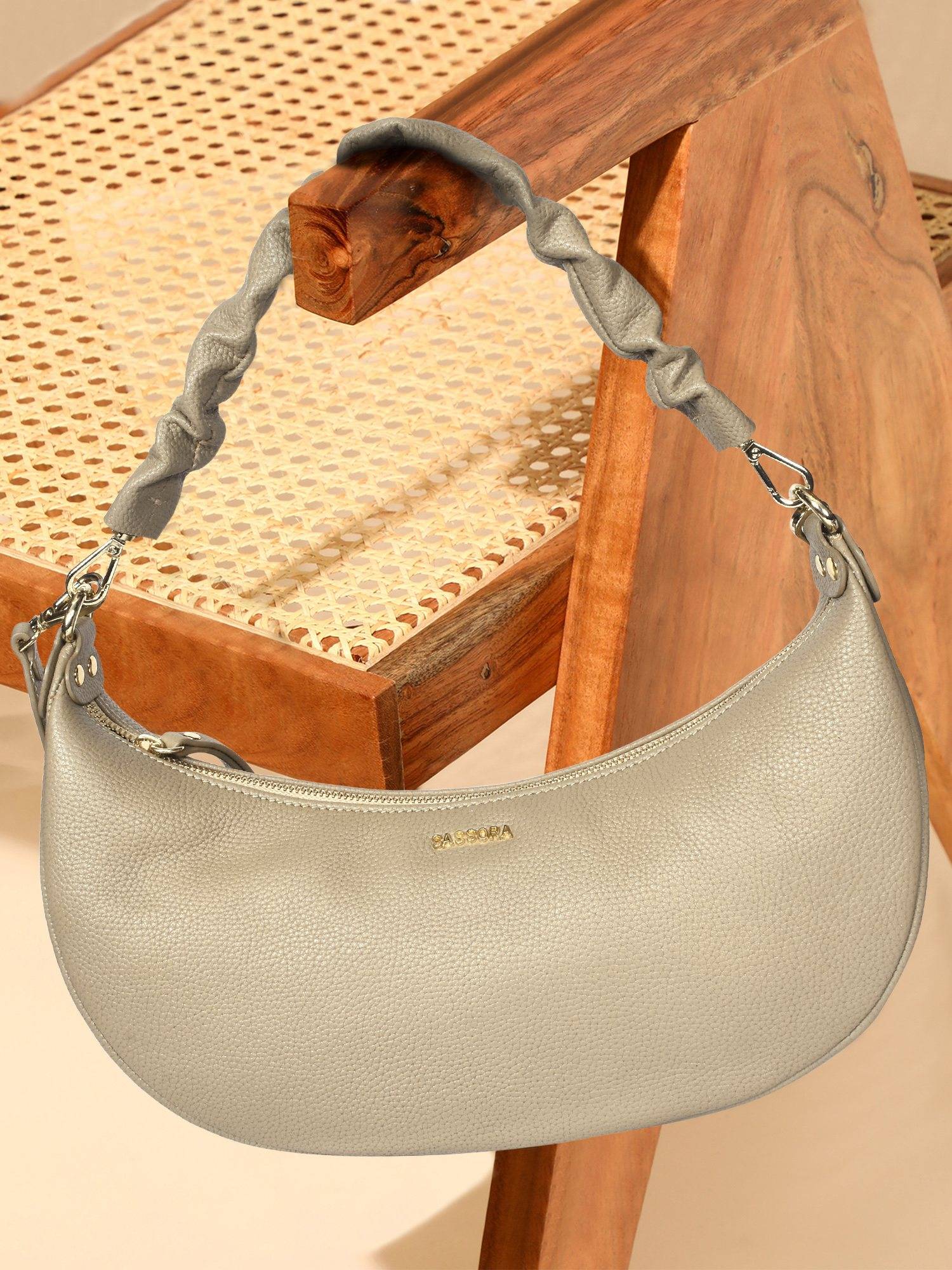Sassora Premium Leather Moon Shape Hobo Bag with Detachable Strap (Medium)