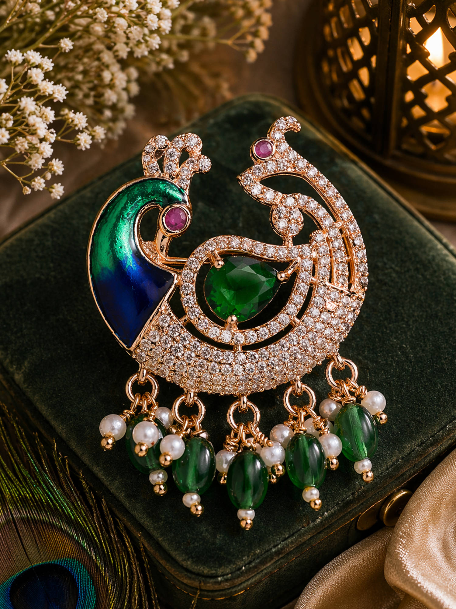 Estele Rosegold Plated Green Cz Swan and Peacock Designer Brooch
