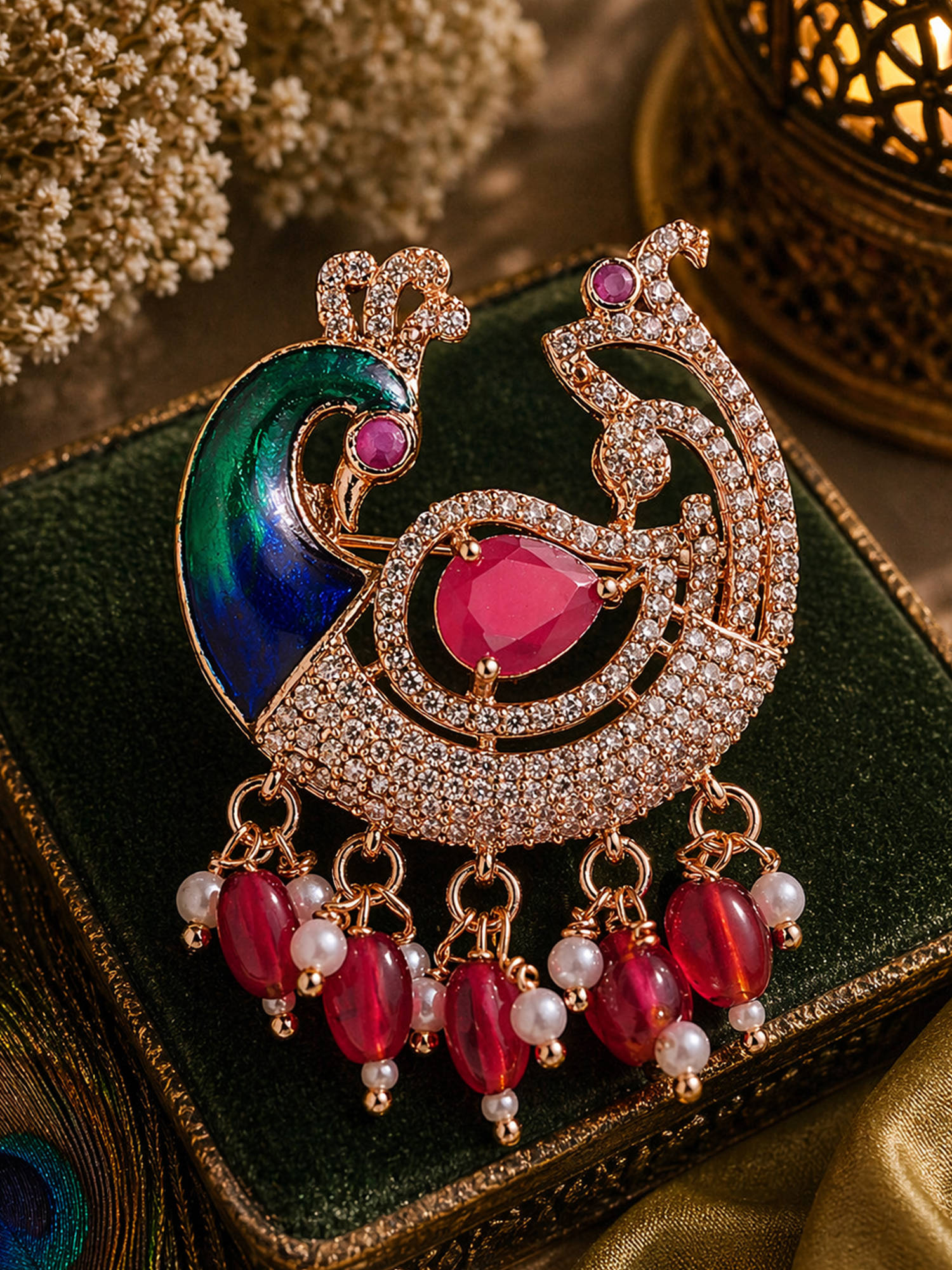 Estele Rosegold Finish Ruby Cz Swan and Peacock Designer Brooch
