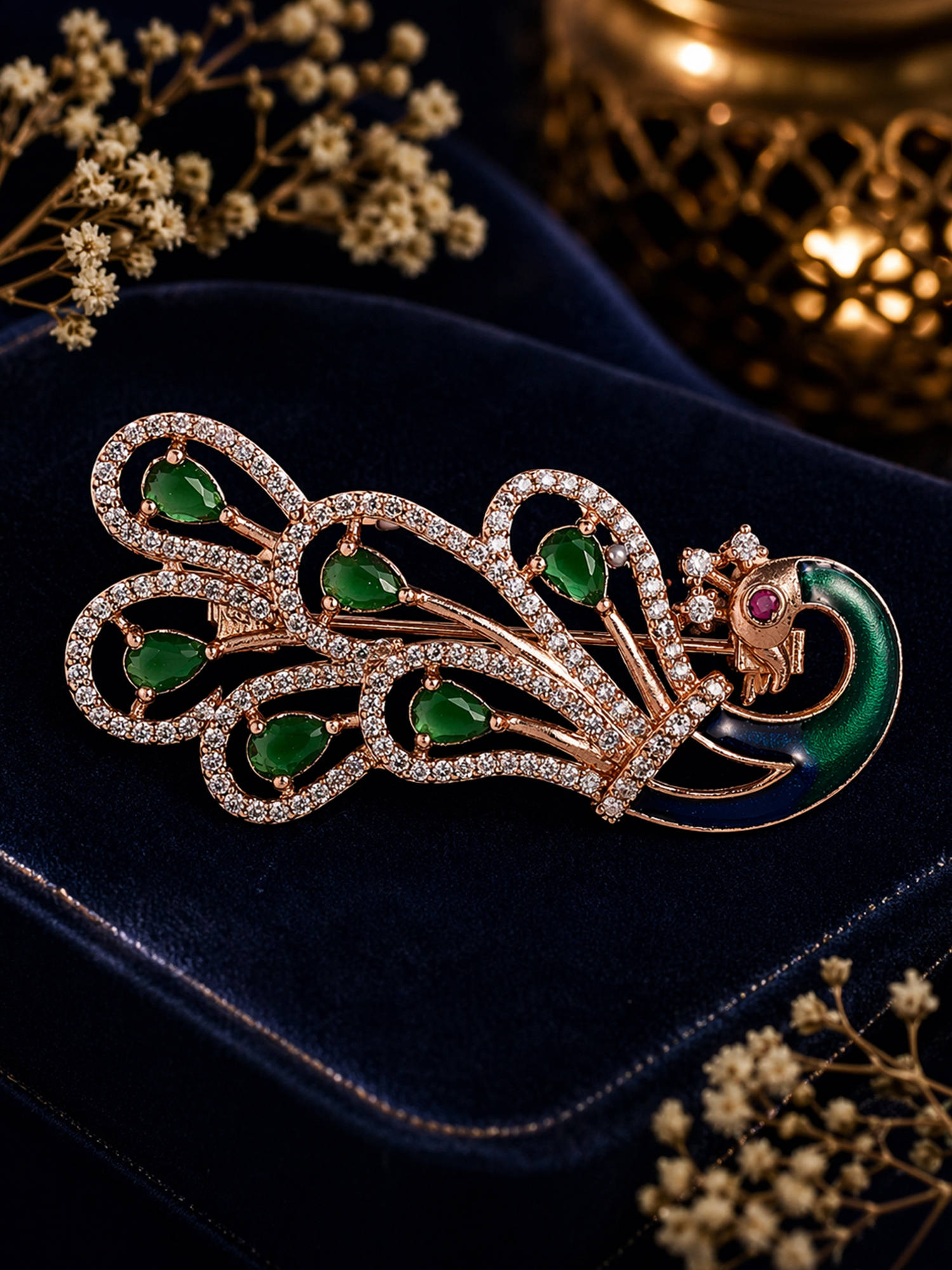 Estele Emerald Green Cz Crystal Studded Peacock Brooch Pin