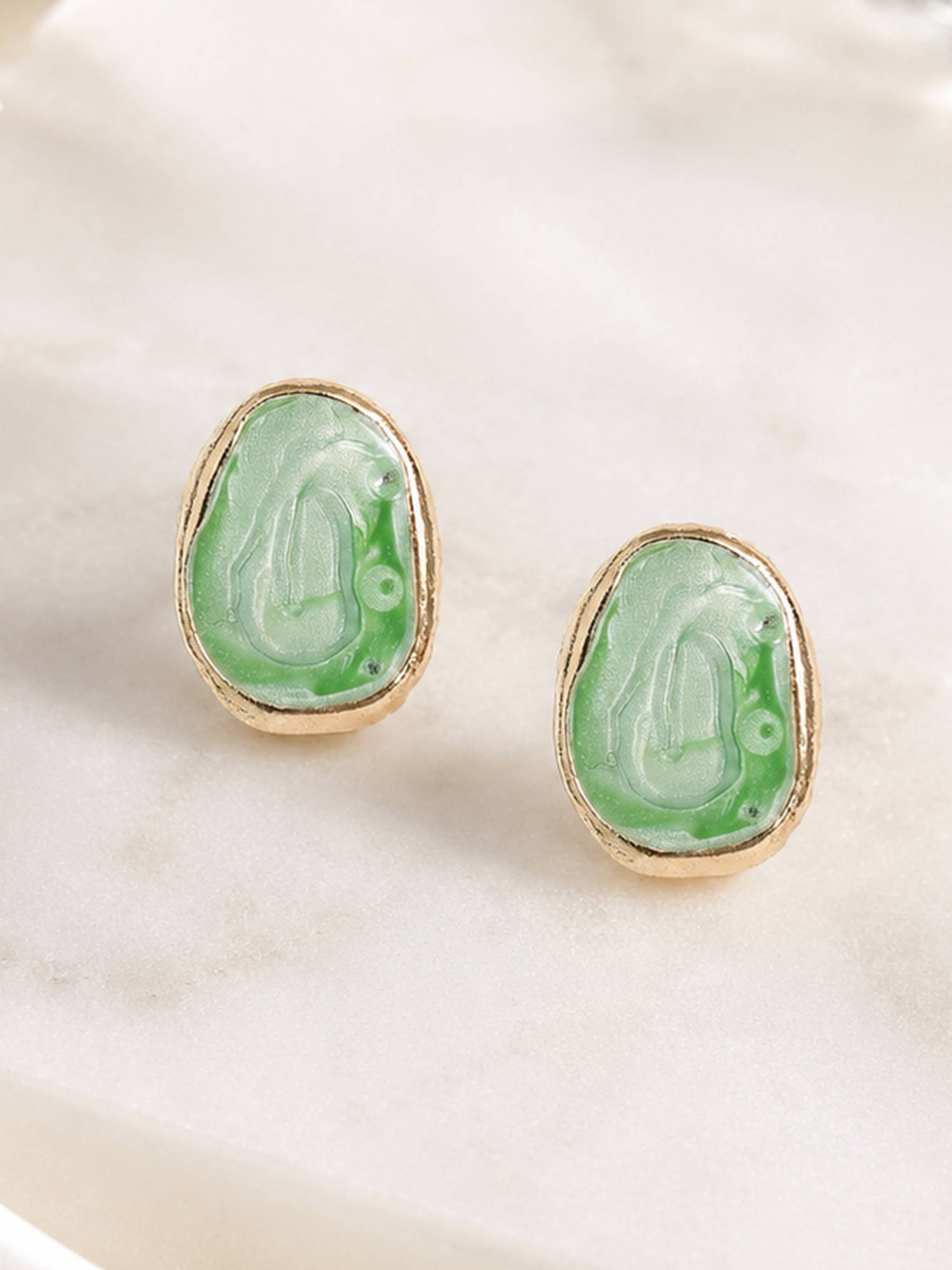 Estele Gold Plated Green Enamel Oval Stud Earrings