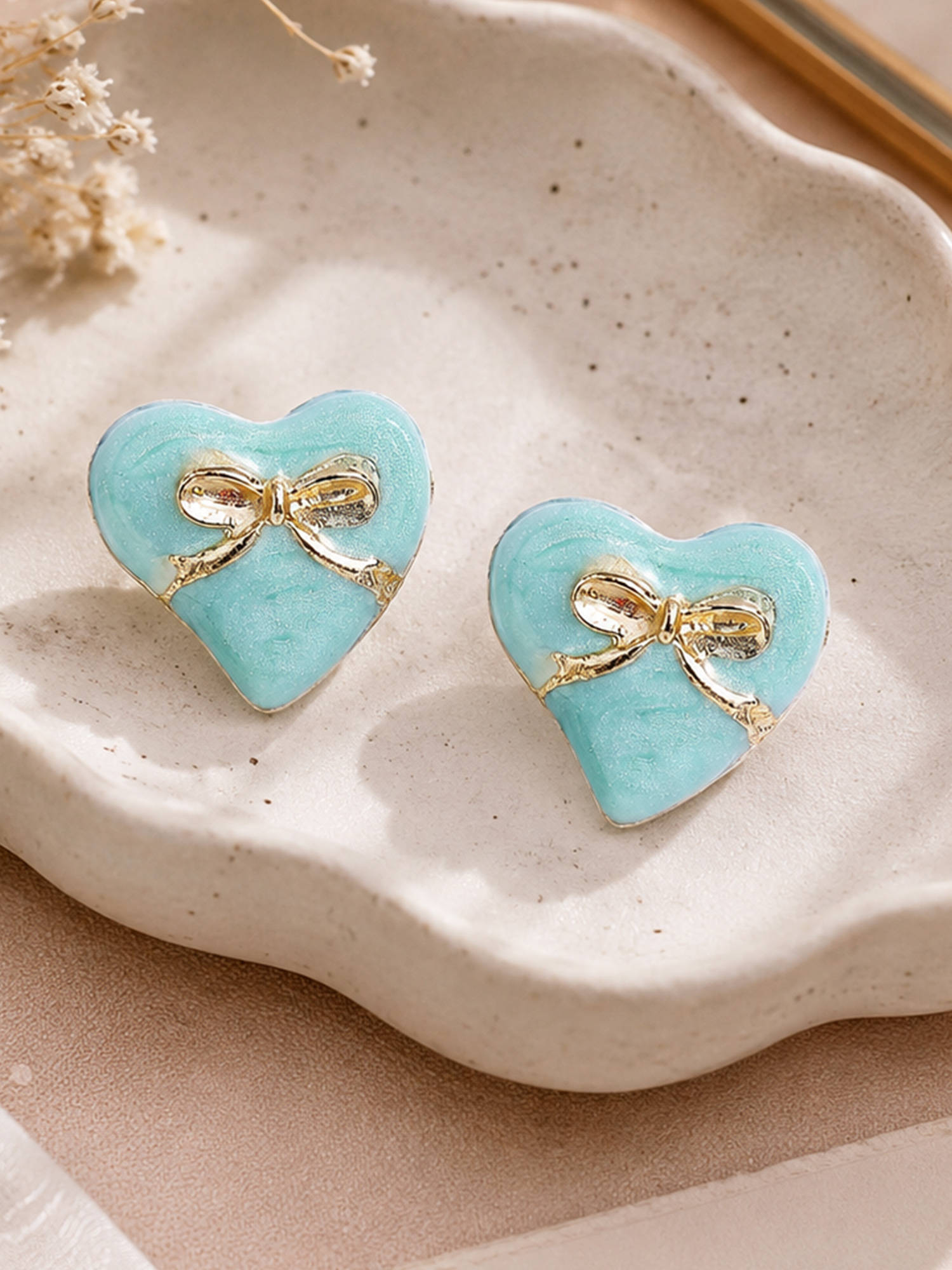 Estele Gold Plated Blue Enamel Heart Stud Earrings