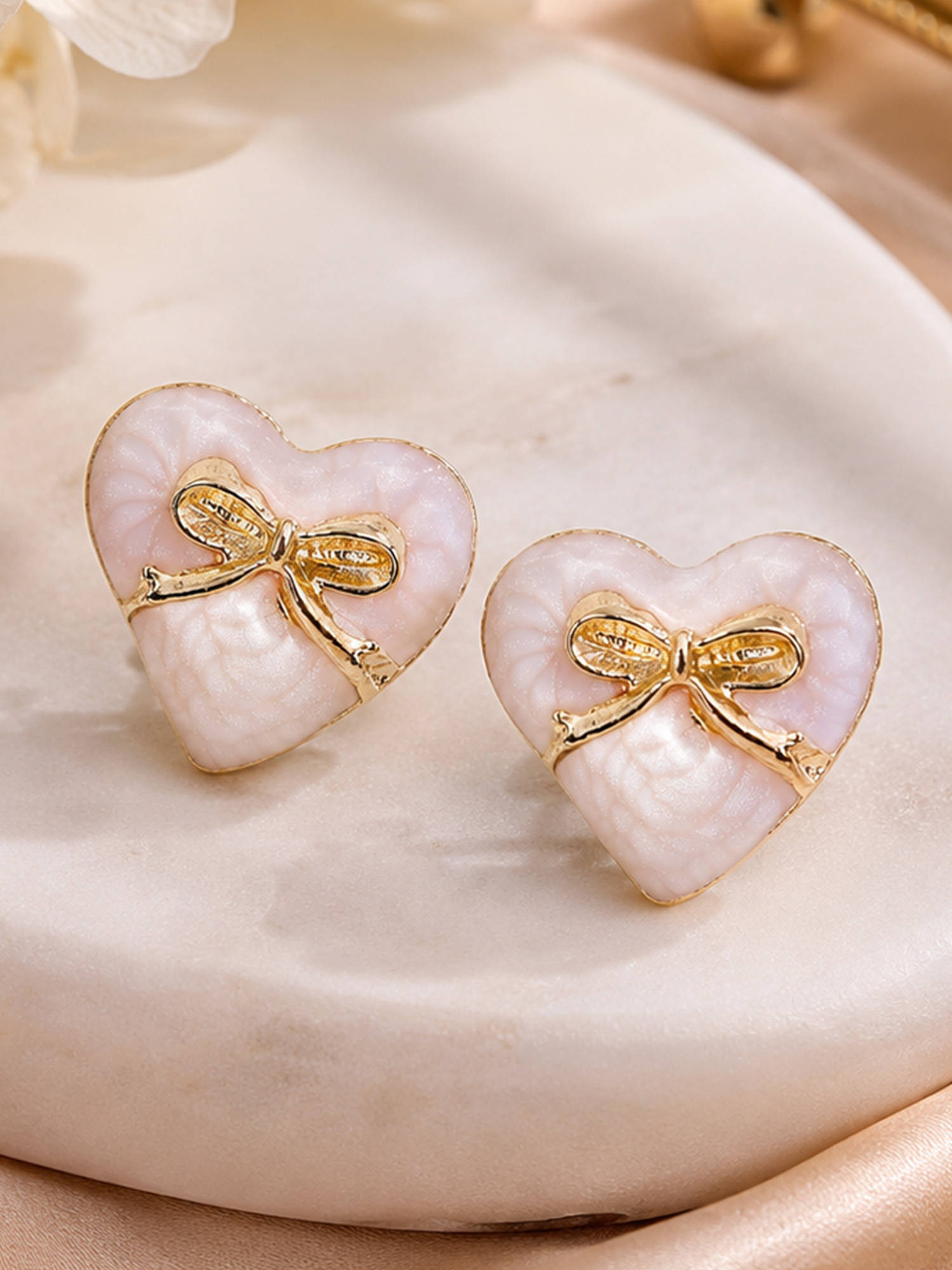 Estele Gold-Toned White Enamel Heart Stud Earrings