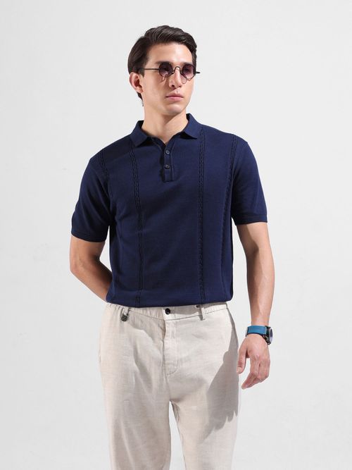 The Indian Garage Co Men Navy Blue Textured Polo T-shirt