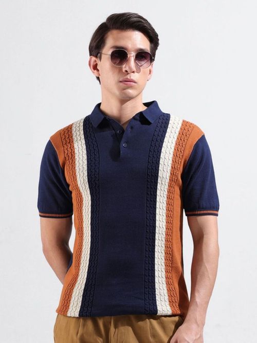 The Indian Garage Co Men Navy Blue Colorblock Polo T-shirt