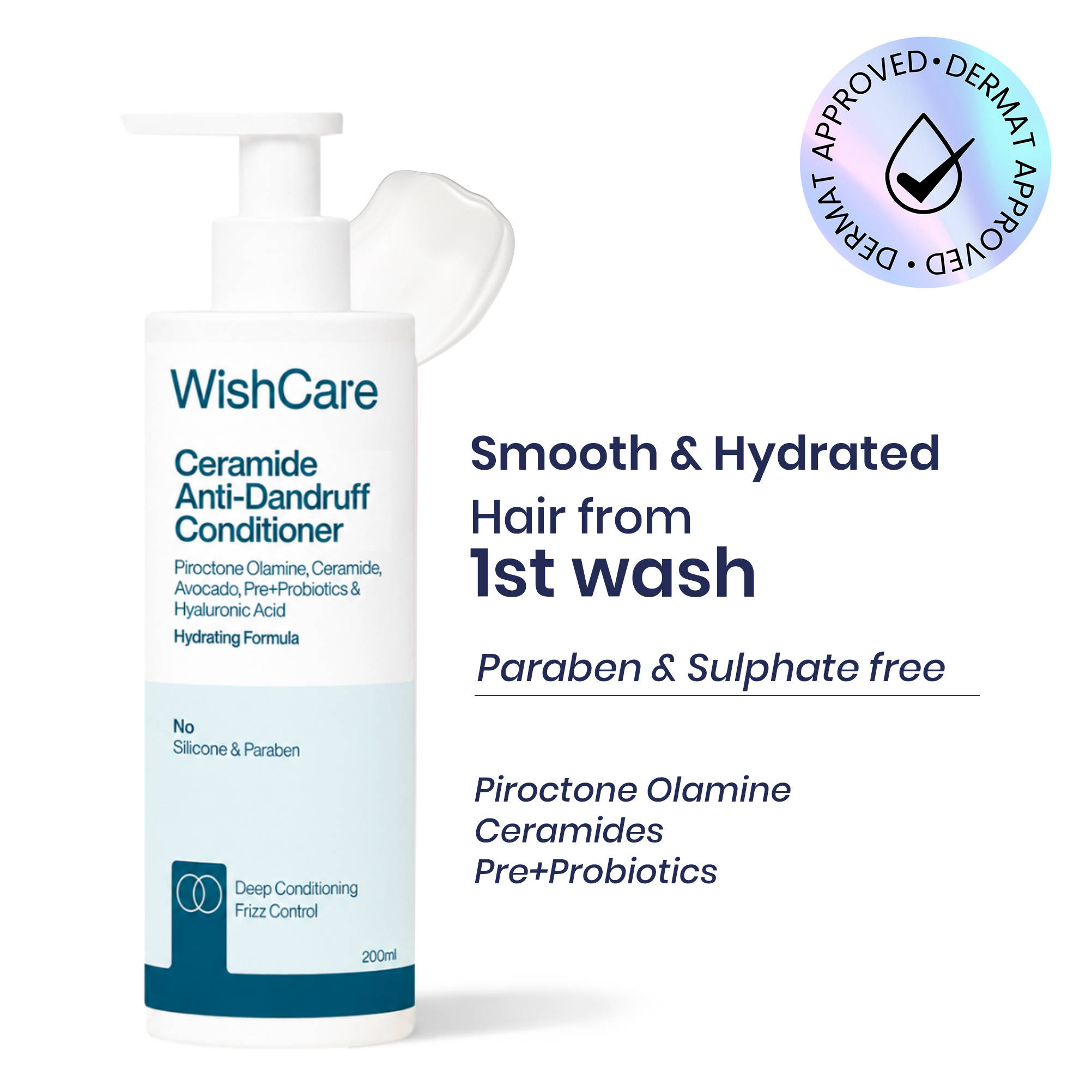 WishCare Ceramide Anti Dandruff Conditioner for Dry & Frizzy Hair - Controls Dandruff & Adds Shine