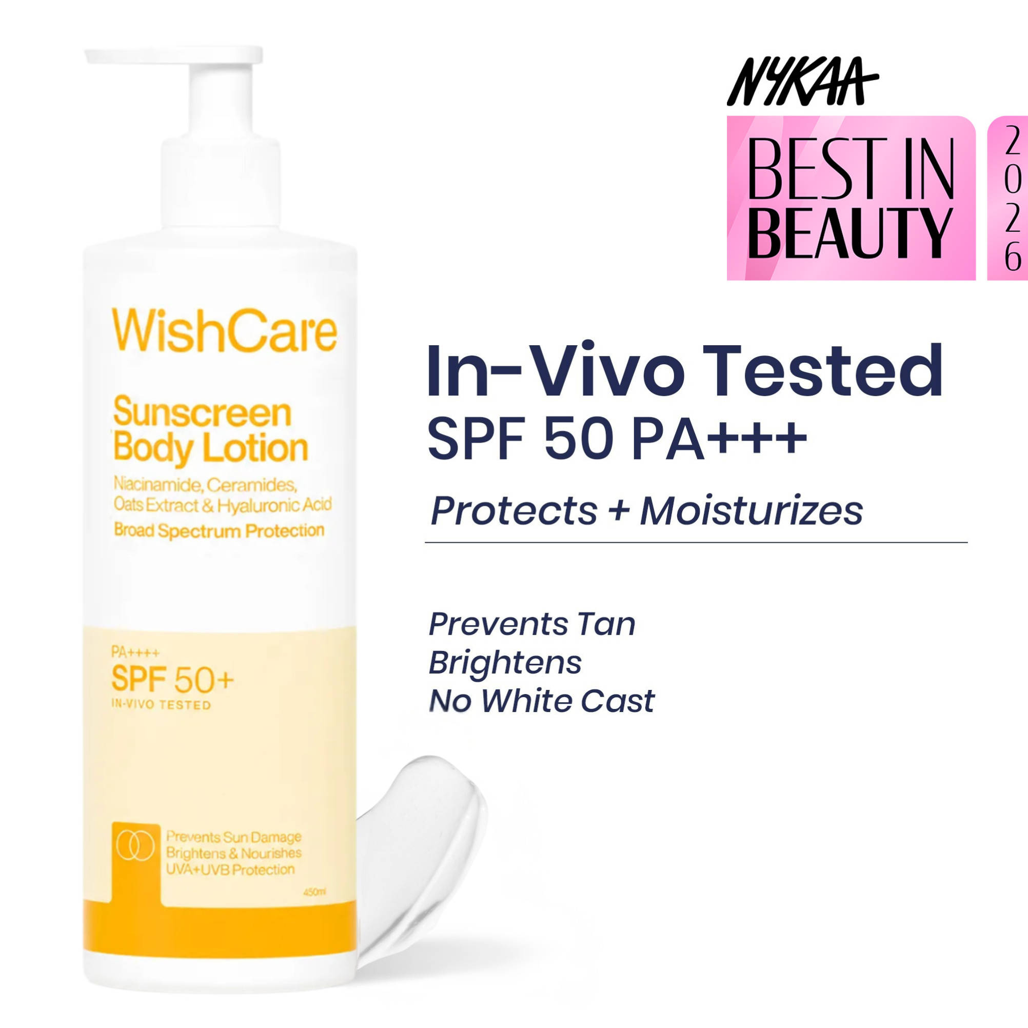 Wishcare Sunscreen Body Lotion SPF50 PA+++-In Vivo Tested-UV Protection-No White Cast-Prevents Tan