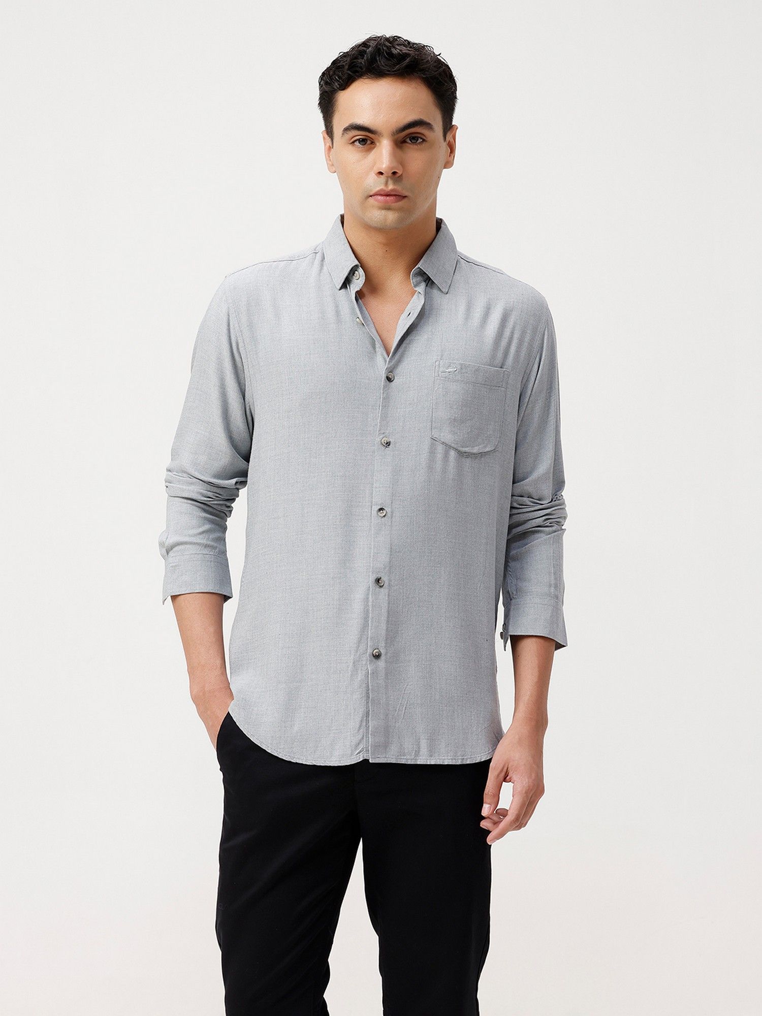 Buy Crocodile Premium Grey Tensil Linen Shirt Online
