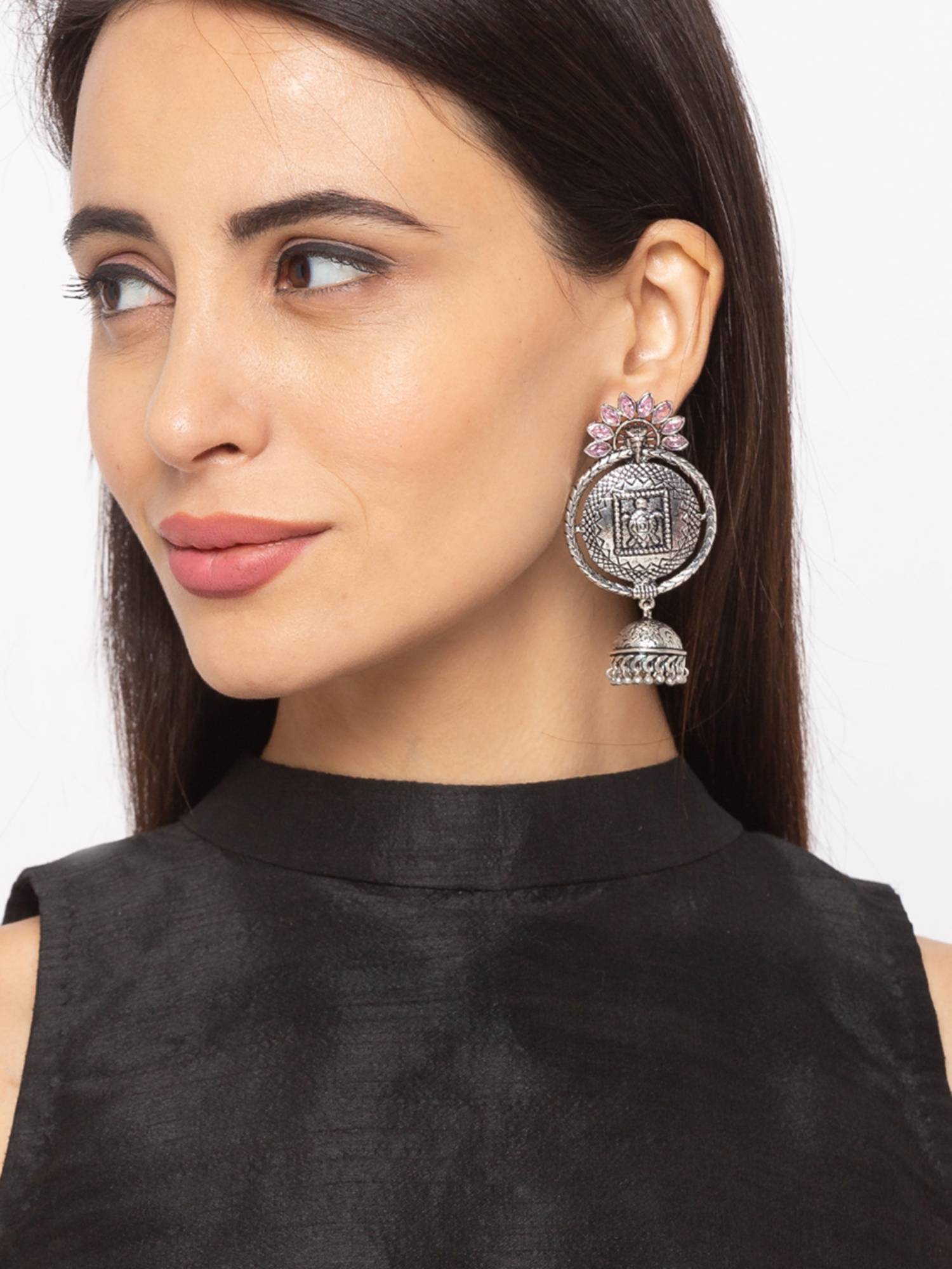 Digital Dress Room German Oxidized Tortoise Engraved Pink Stone Studded Jhumka Earrings