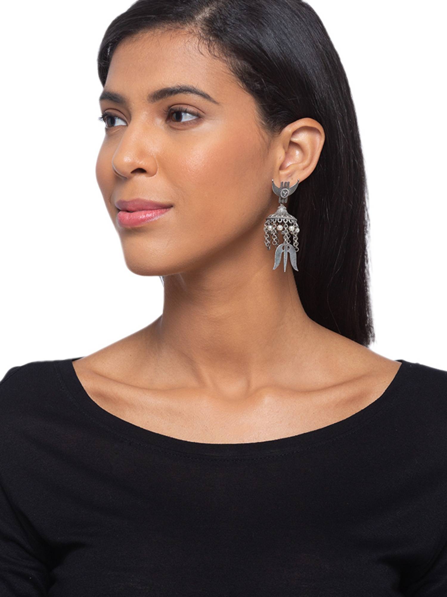 Digital Dress Room Antique German Oxidized Chandra/Trishul White Pearl Earrings