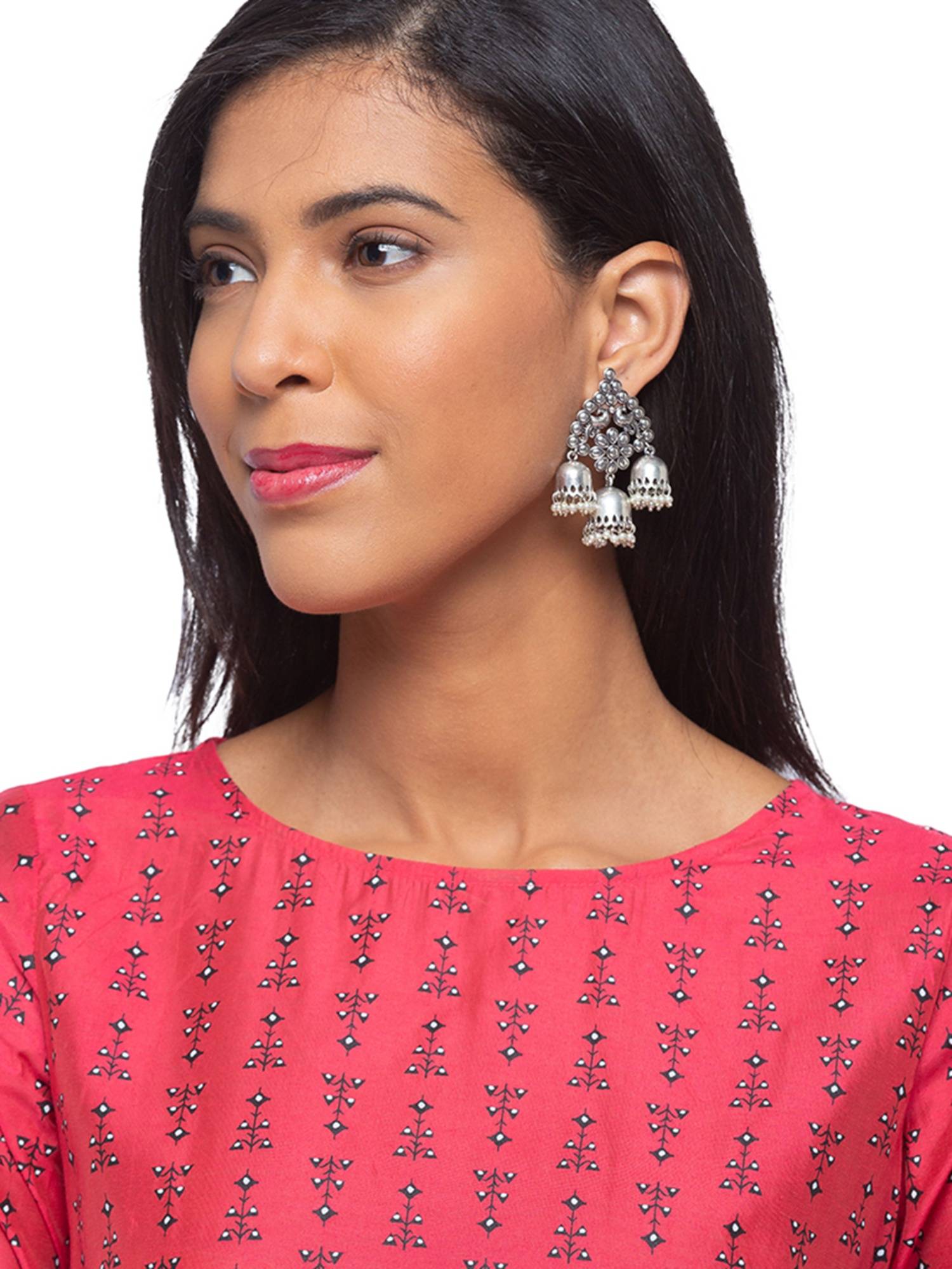 Digital Dress Room German Oxidized Peacock/Floral Engraved White Jhumka Earrings
