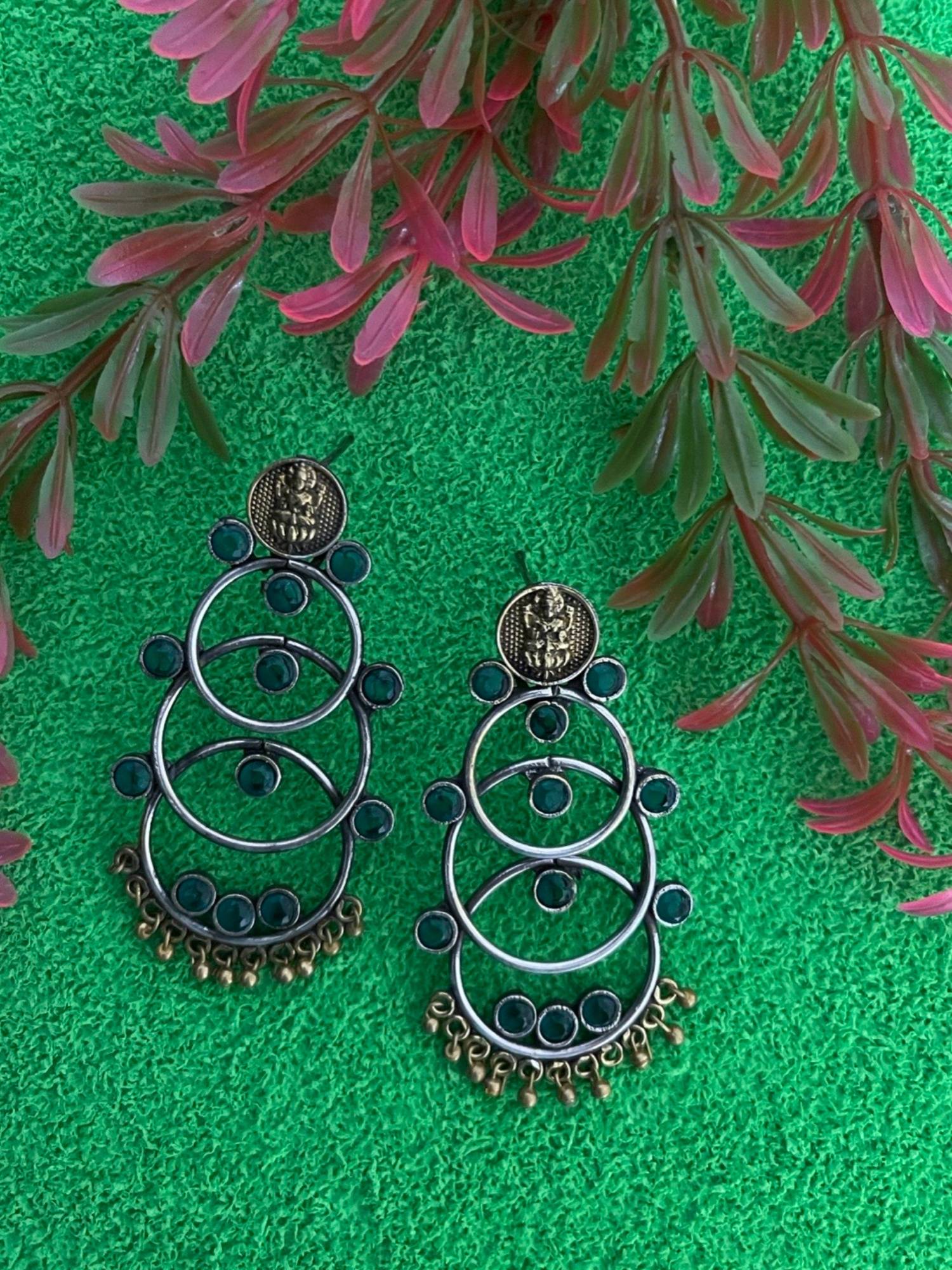 Digital Dress Room German Oxidized Lakshmi Green Earrings for Women