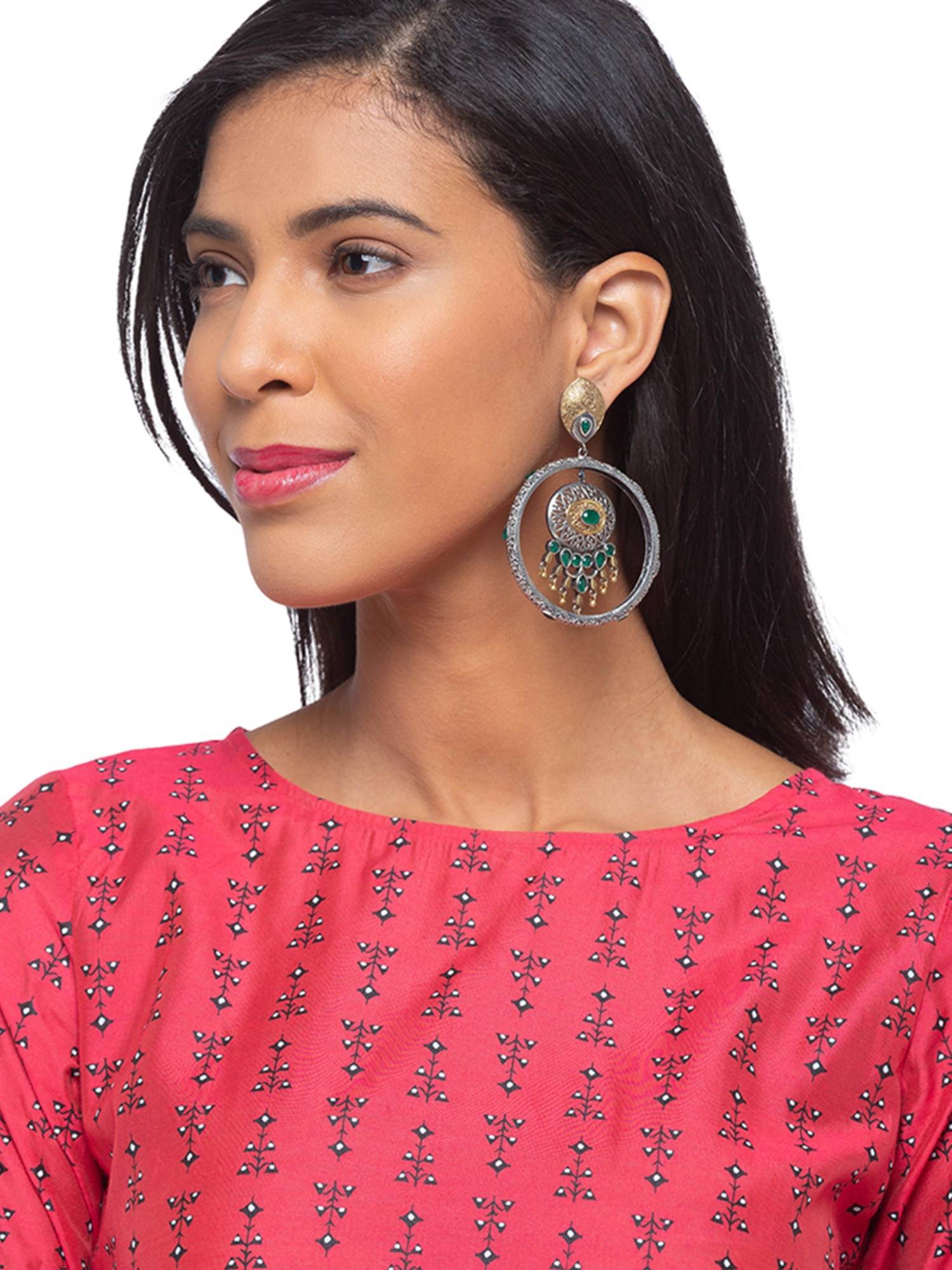 Digital Dress Room German Oxidized Tribal Design Engraved Green Stone Dangler Earrings
