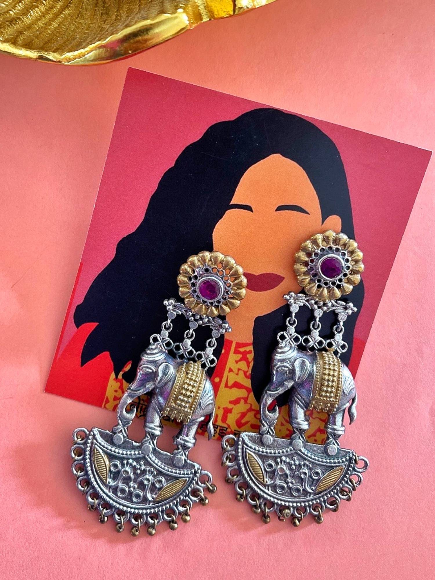 Digital Dress Room German Oxidized Floral Elephant Pink Earrings for Women