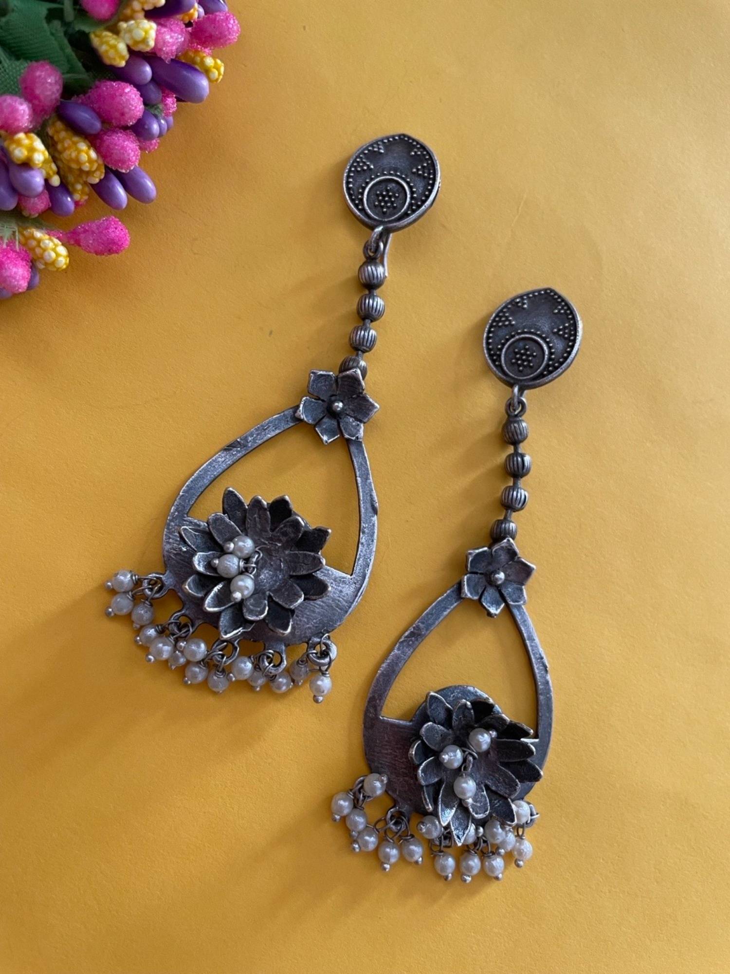 Digital Dress Room German Oxidized Flower White Dangle Earrings for Women