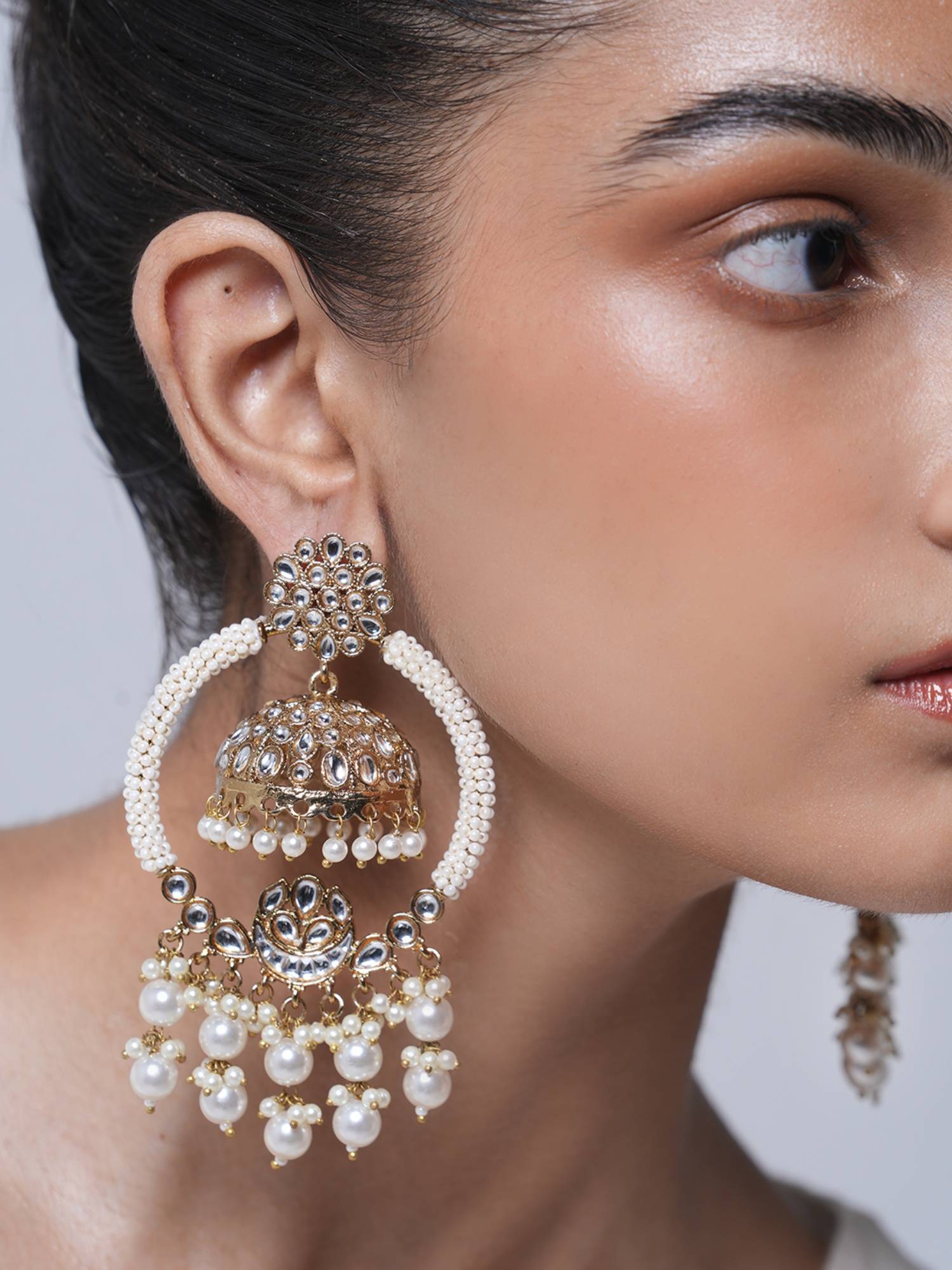 CAO JEWELLERY White Big Heavy Golden Jhumka Earrings