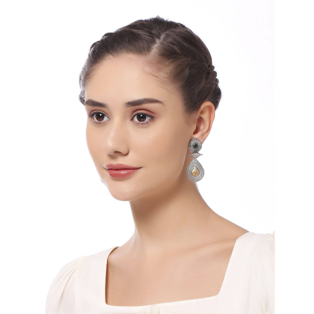 OOMPH Oxidised Silver Ethnic Drop Earrings - Gold Teardrop Accents Women