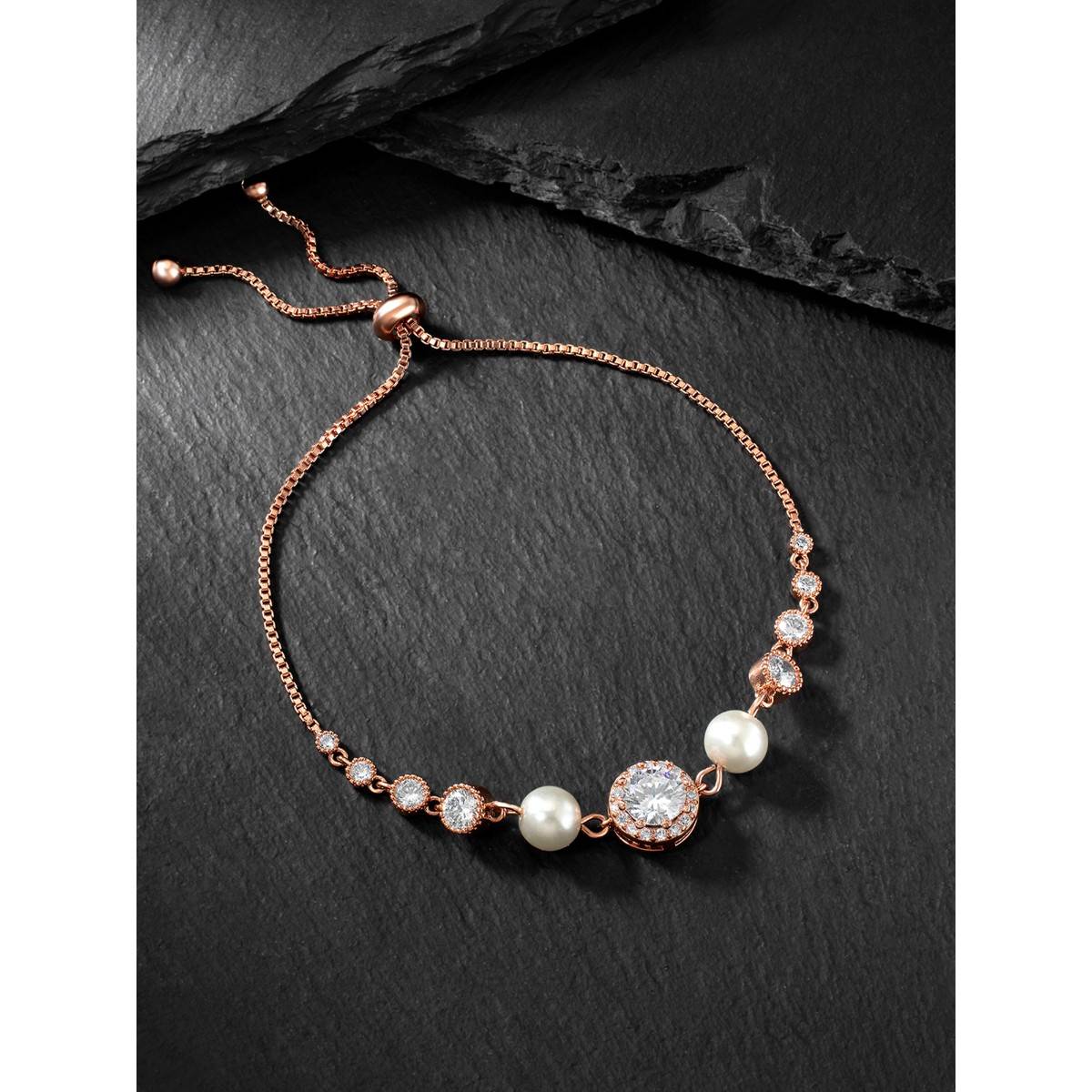 Peora Cubic Zirconia Pearl Studded Rose Gold Plated Adjustable Charm Bracelet