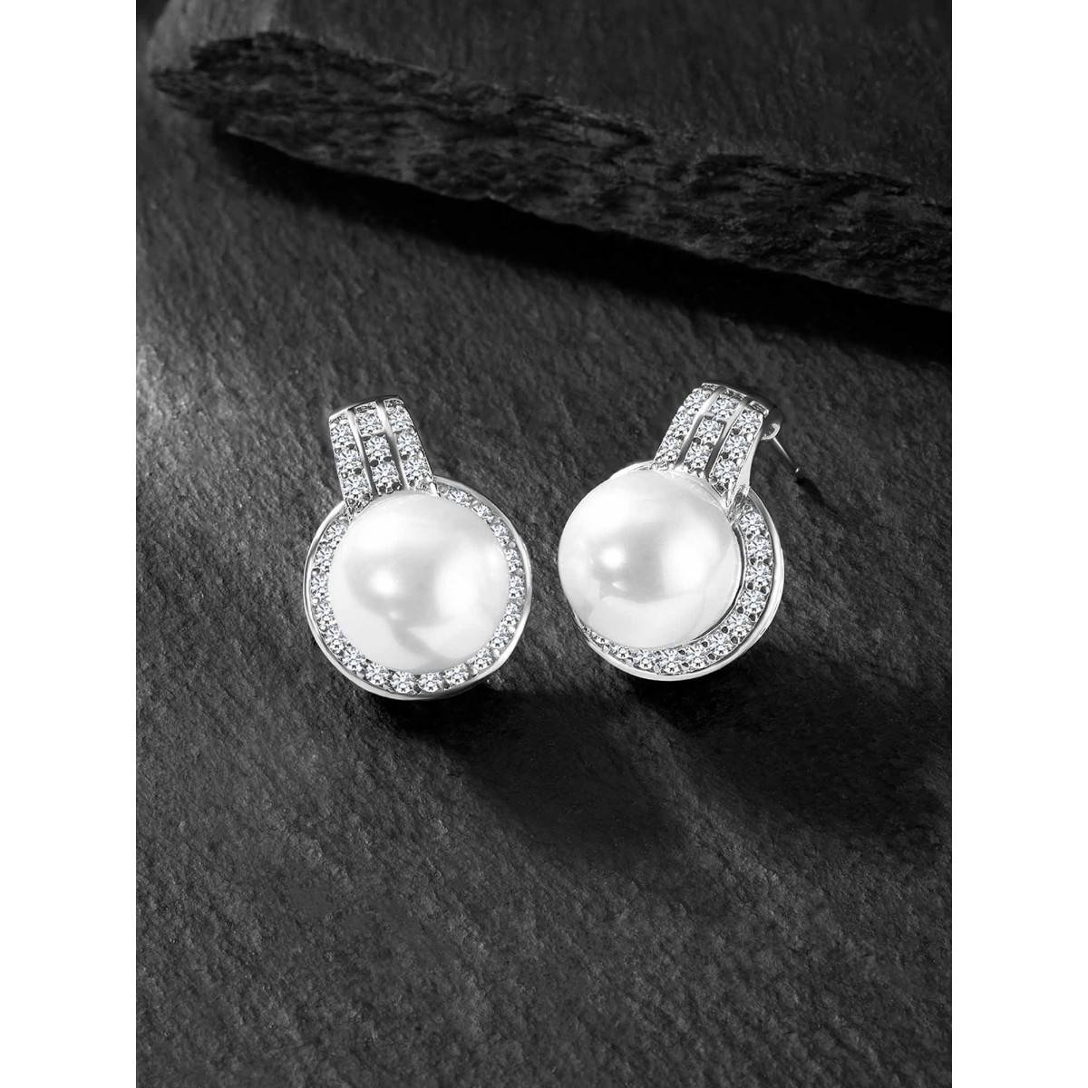 Peora Silver Plated White CZ Pearl Stud Earring Set
