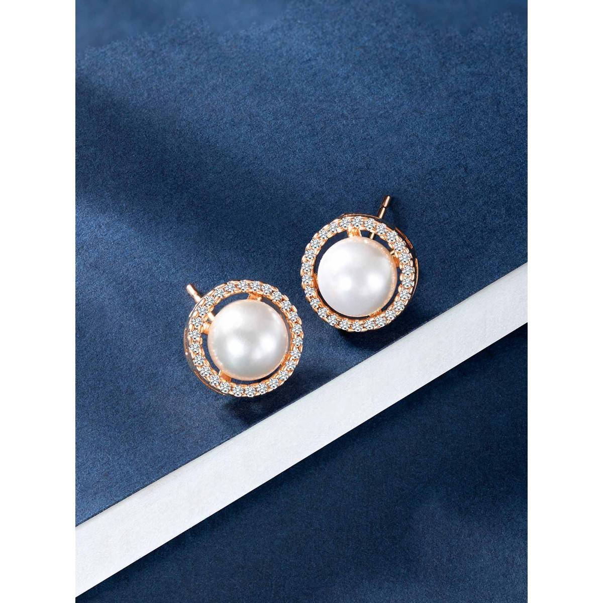 Peora Rose Gold Plated White Cubic Zirconia & Pearl Round Stud Earrings