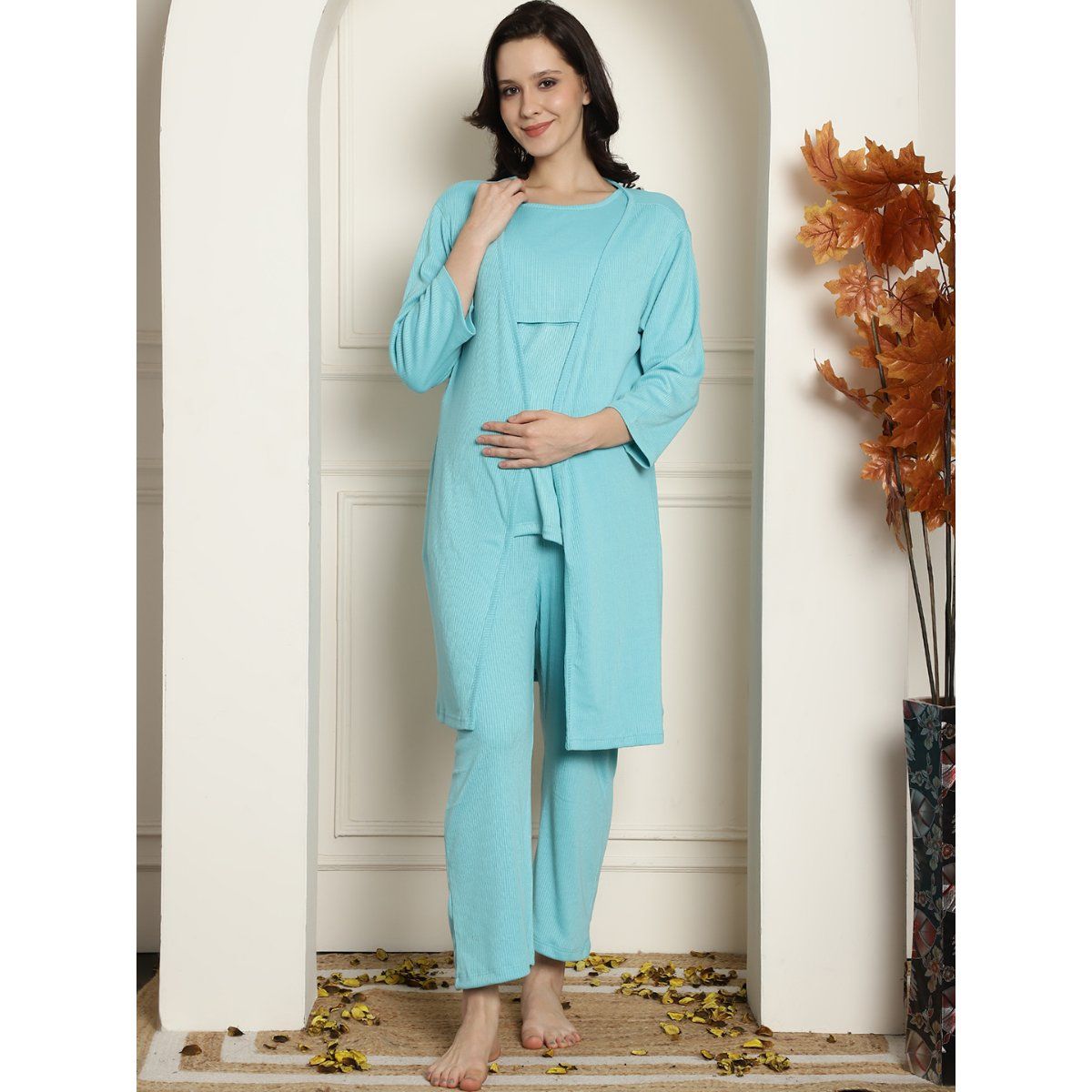 Buy Secret Wish Sky Blue Ribbed Maternity/Nursing Top Online