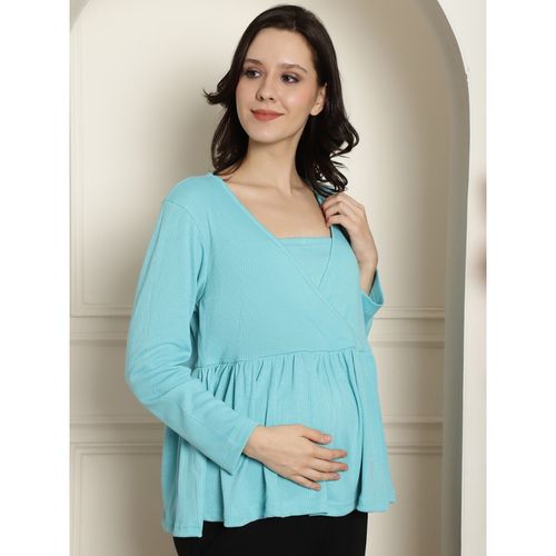 Buy Secret Wish Sky Blue Ribbed Maternity/Nursing Top Online