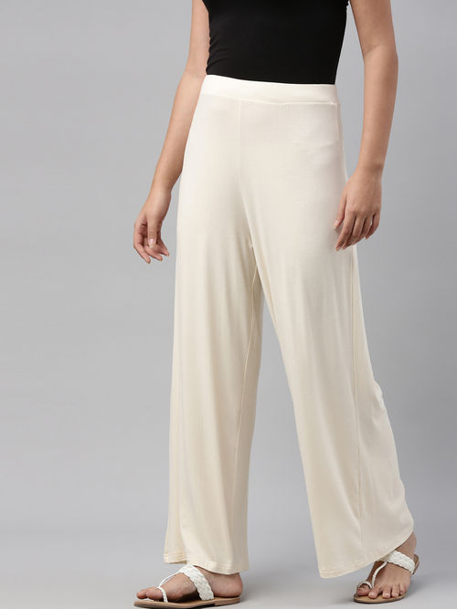 Buy Go Colors Women Ecru Solid Knit Viscose Mid Rise Palazzos