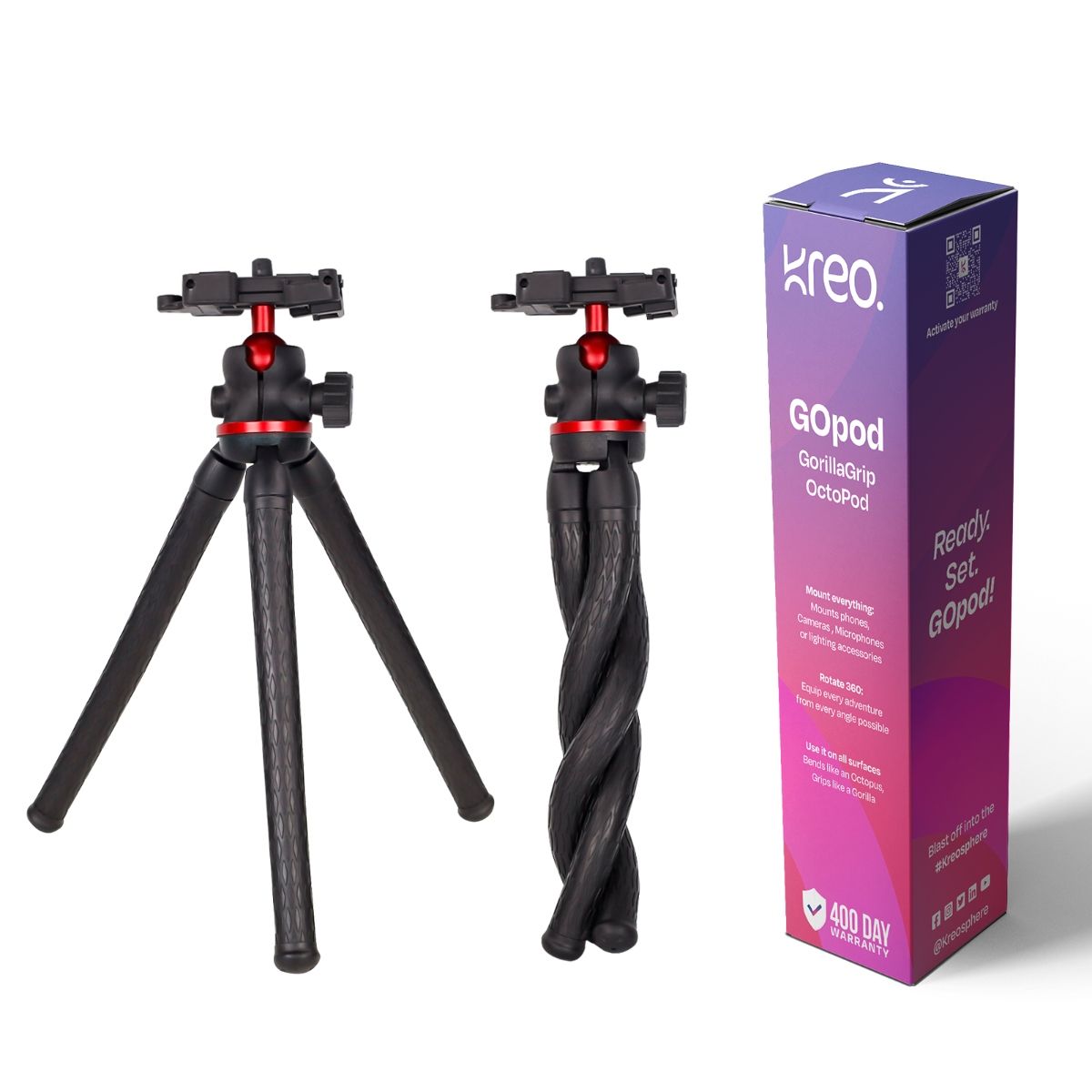 Kreo Go Pod, Gorilla Stand with Flexible Arms for Cameras, DSLR, Mobile Phones Tripod Ball Head