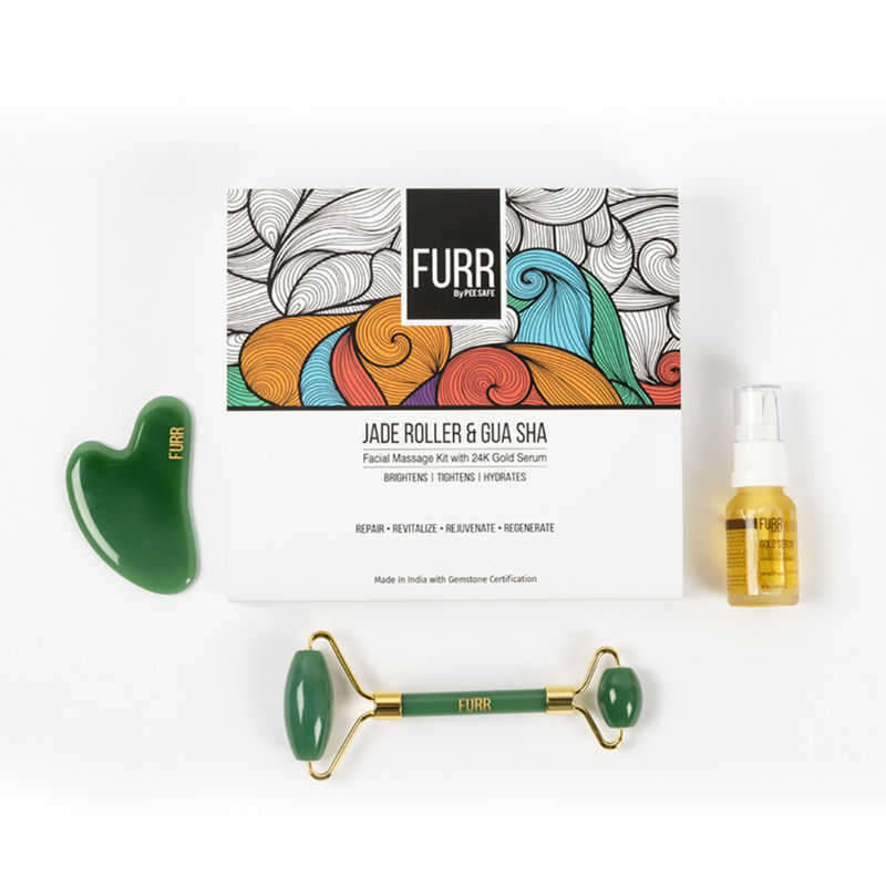 Pee Safe Furr Jade Roller And Gua Sha Facial Massage Kit With 24k Gold Serum