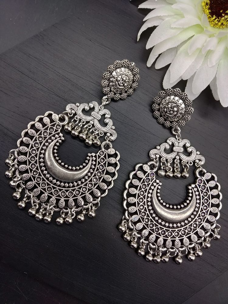 Fida Silver-Toned Oxidised Crescent Shaped Chandbalis: Buy Fida Silver ...