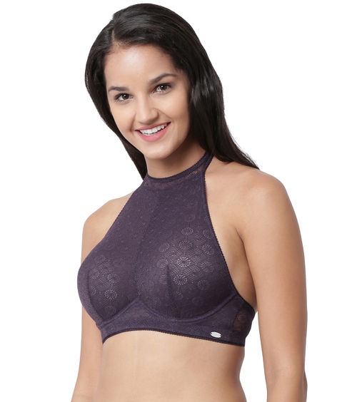 Buy Enamor F041 High Neck Halter Non-Padded, Wired & Ultra-High Coverage  Bra - Purple Online