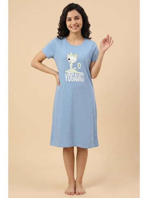 Knee Length Ladies Short Cotton Nightdresses Zivame Blue Printed Night Dress