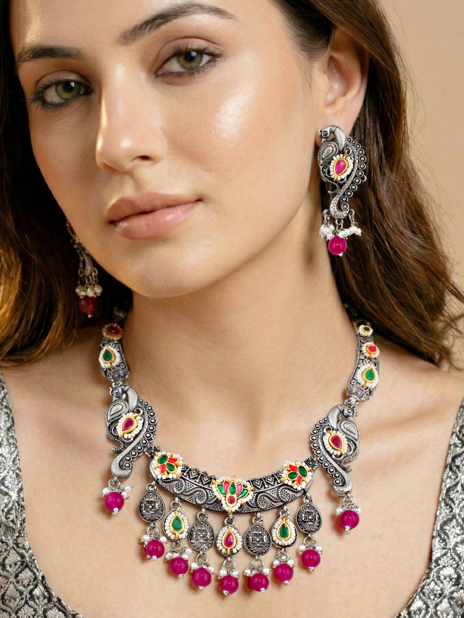 LUCKY JEWELLERY Women Multi-Color Antique Silver-Tone Peacock Temple Jewellery Set