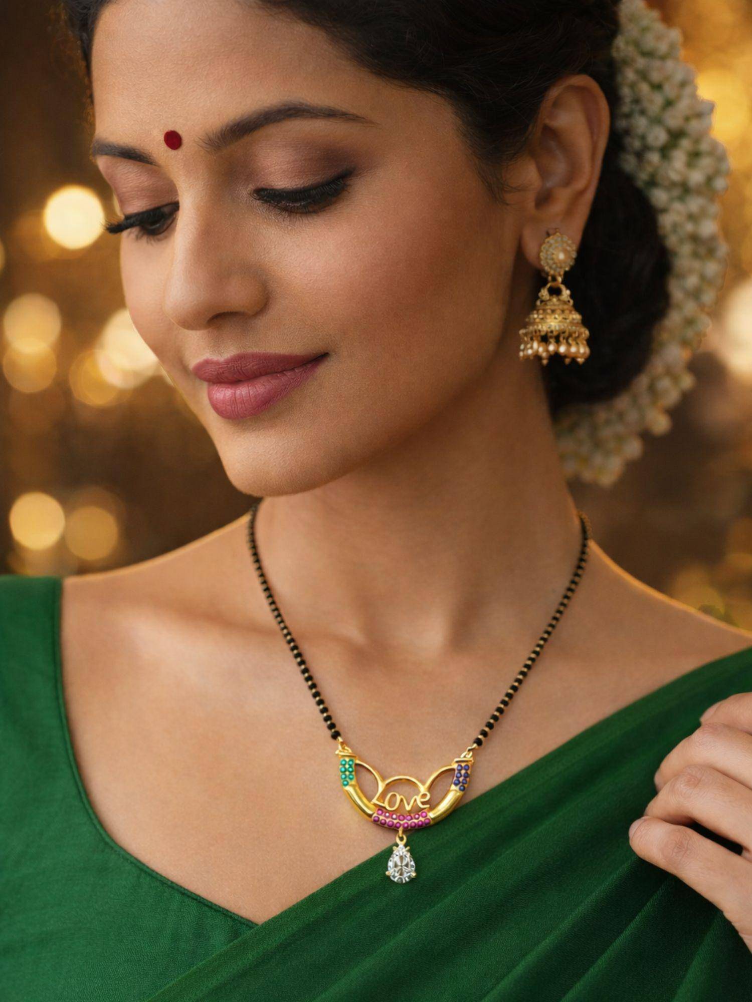 Digital Dress Room Women Multi-Color Gold Love Charm & Diamond Drop Pendant Mangalsutra