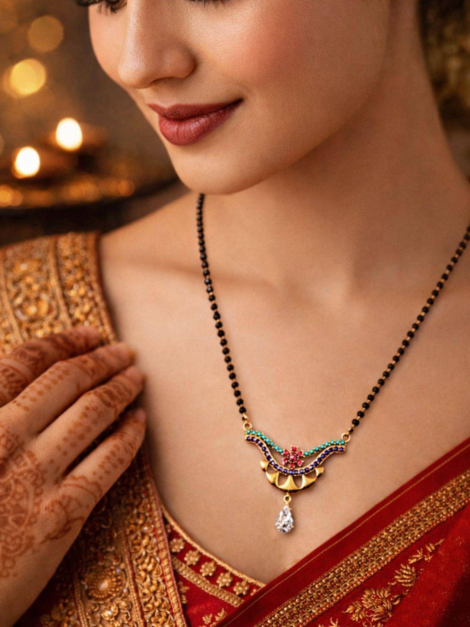 Digital Dress Room Women Multi-Color Gold Pendant Stones & Black Beads Mangalsutra