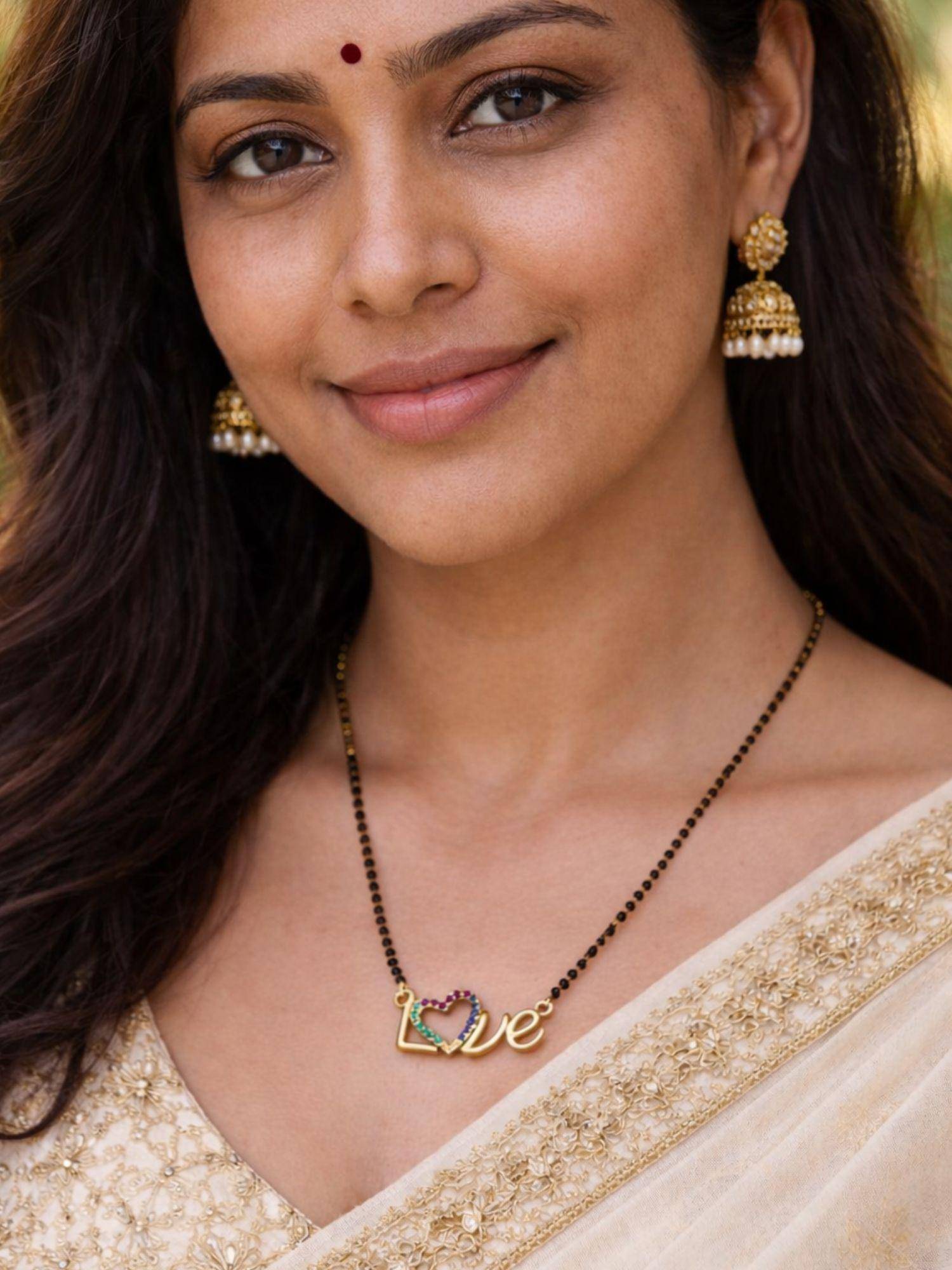 Digital Dress Room Women Multi-Color Love Heart Gold Black Beads Mangalsutra