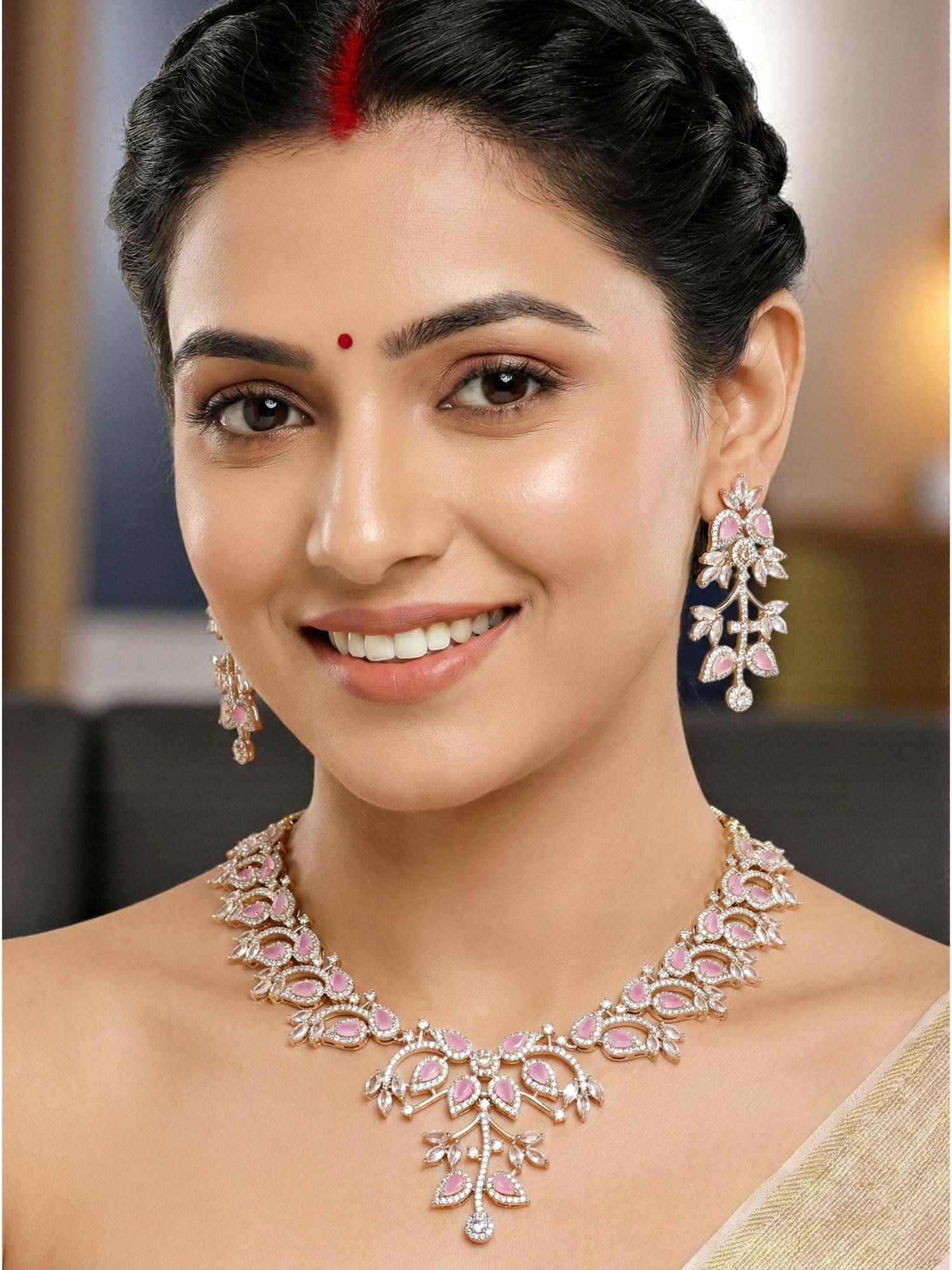 LUCKY JEWELLERY Women Silver Pink Ad Jewellery Set