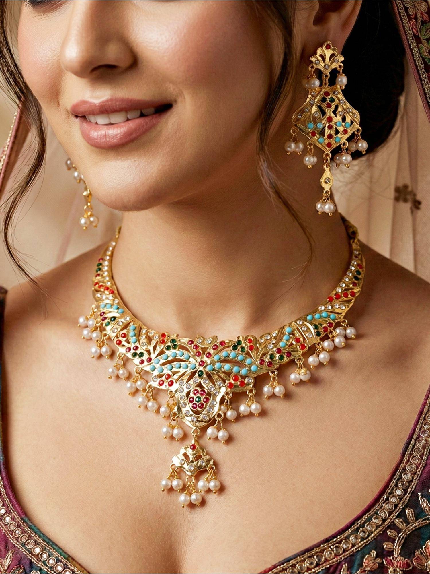 LUCKY JEWELLERY Women Multi-Color Gold Plated Navratan Jewellery Set