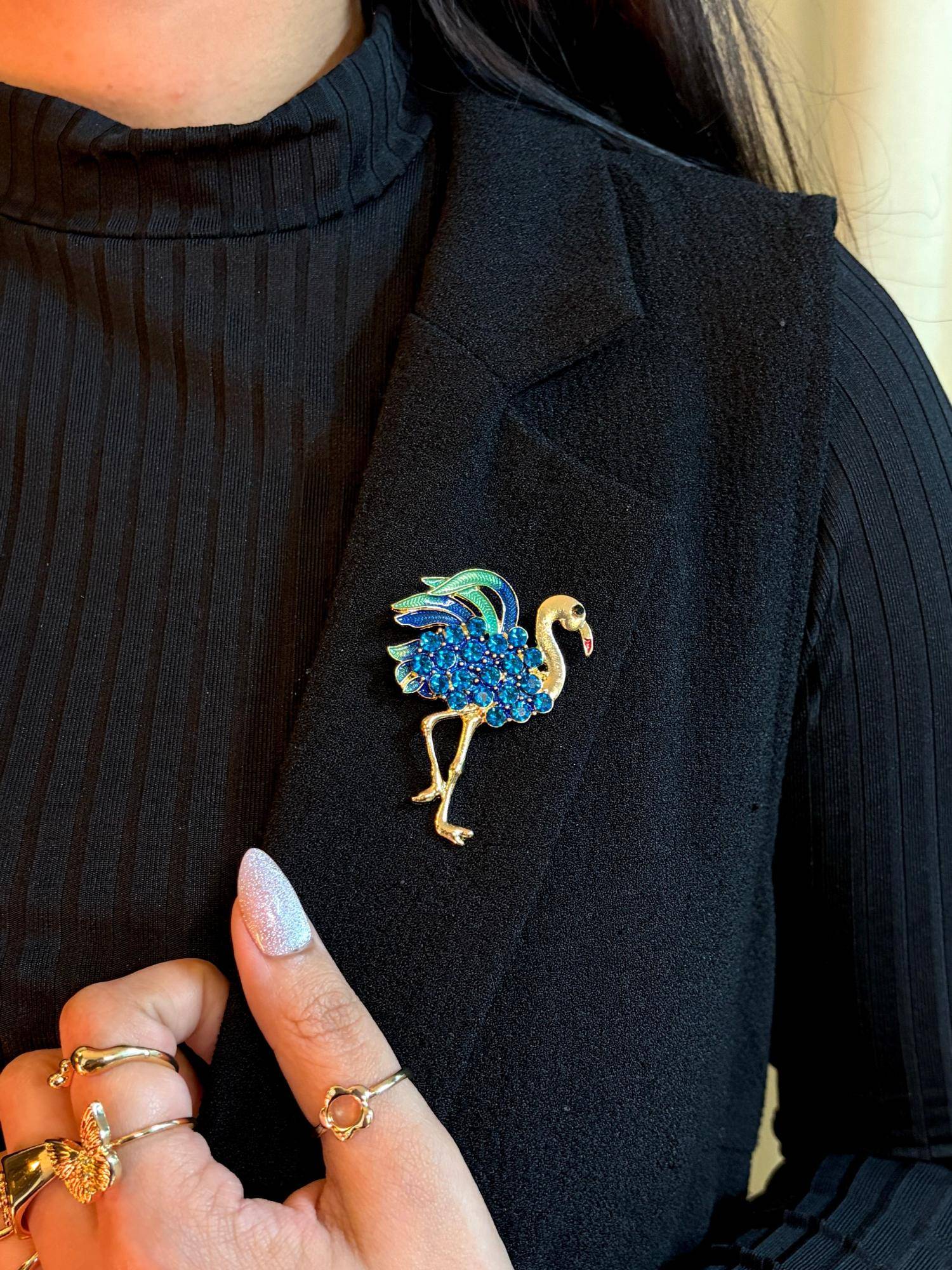 ISHKAARA Blue Sapphire Flamingo Bird Shape Statement Brooch with Gold Finish